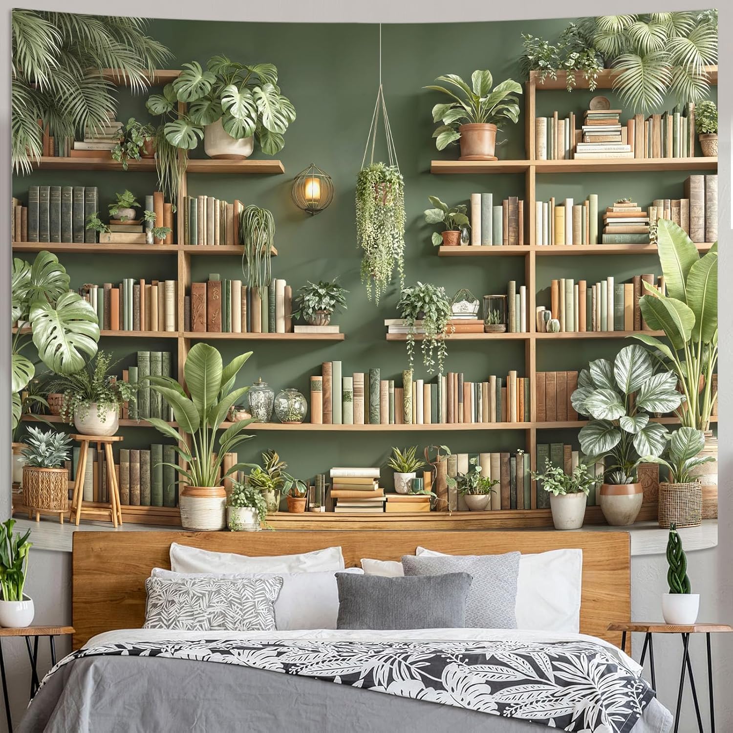 Motanber Green Plant Bookshelf Tapestry Nature Botanical Library Tapestries Wall Hanging Vintage Potted Plants Book Large Tapestry for Bedroom Living Room Dorm 80 x 60 inch