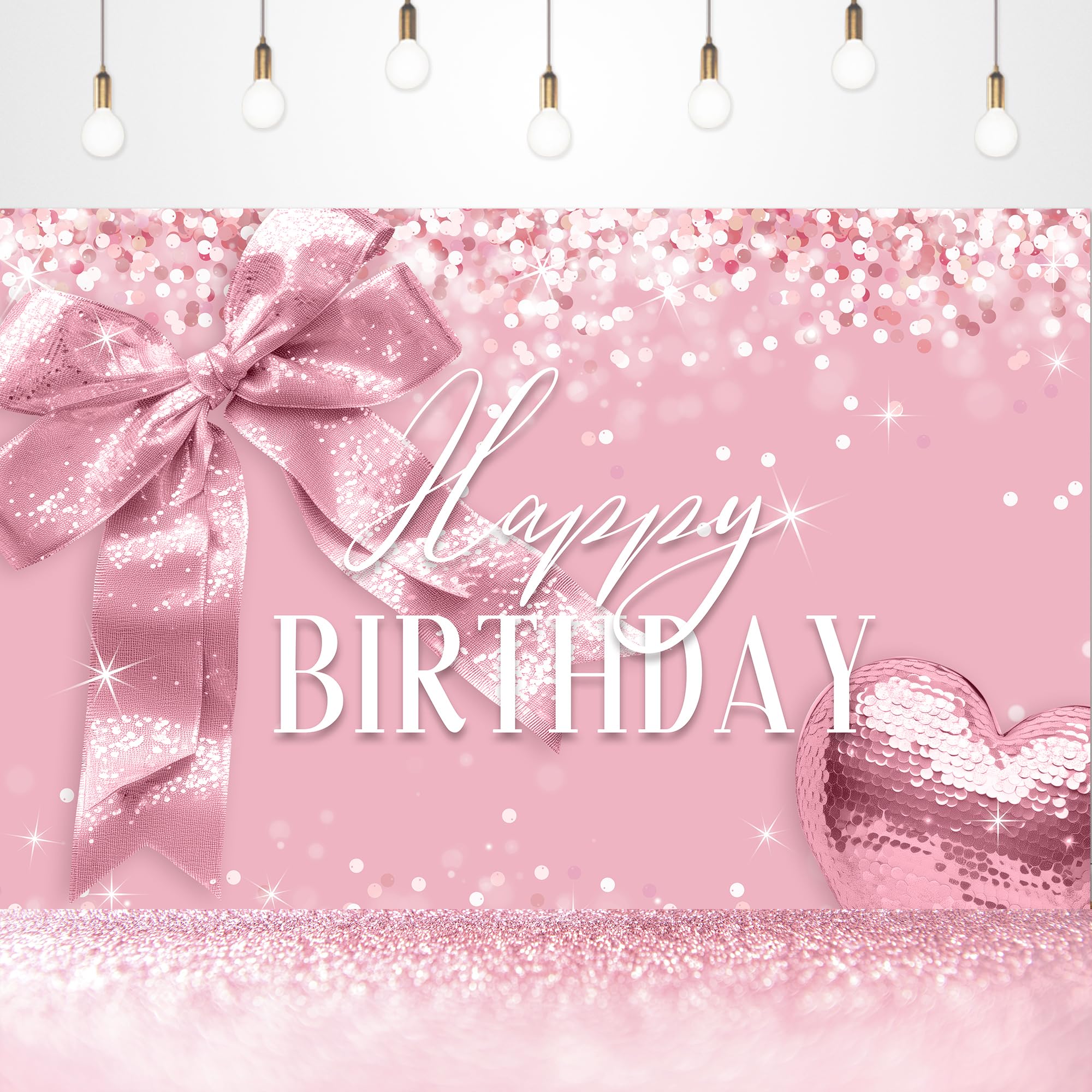 Glawry Pink Happy Birthday Backdrop for Photography 7Wx5H Feet Bow Girly Bownot Coquette Heart Sweet Child Princess Women Modern No Glitter Party