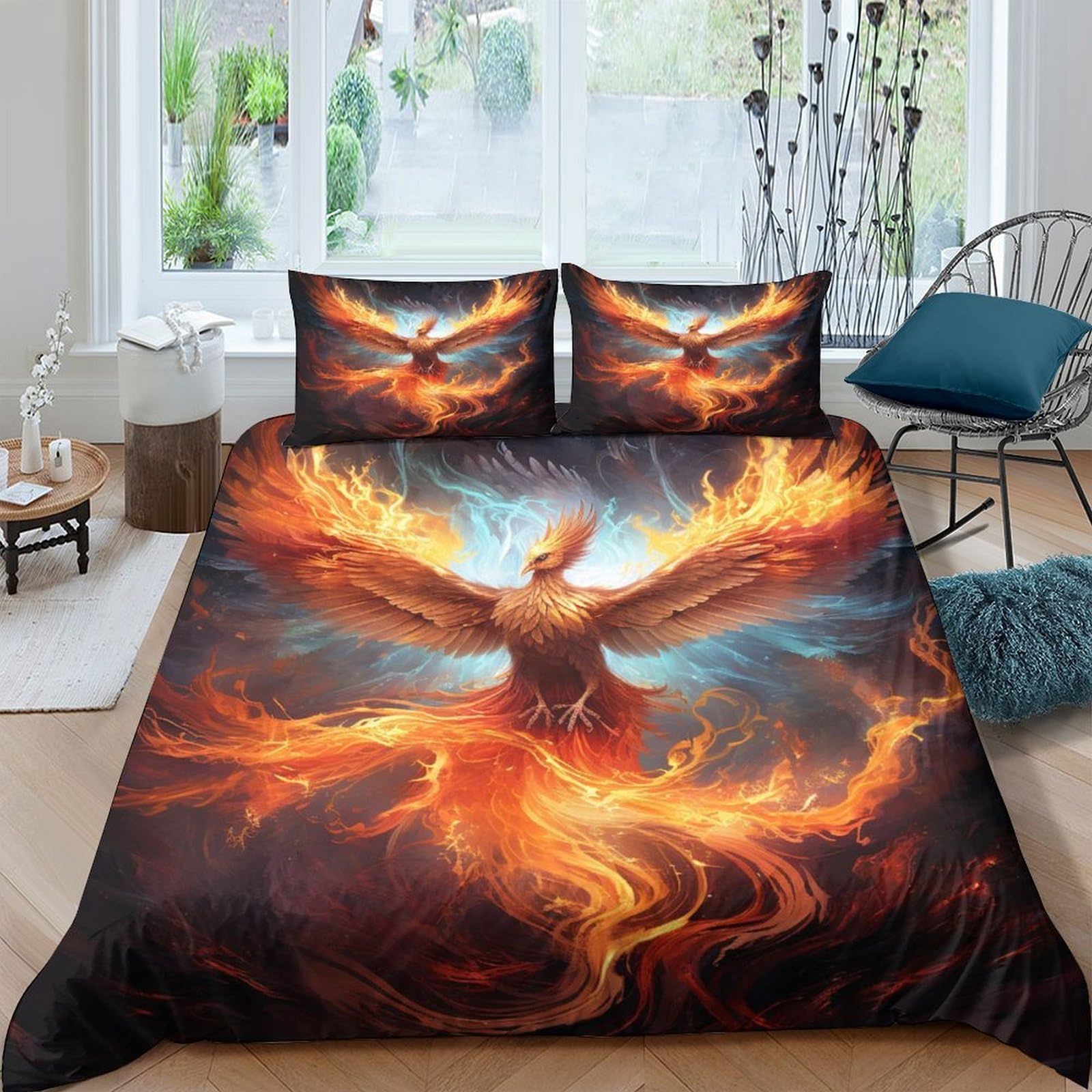 Ctjqhvkz Style-2 3D Printed Phoenix Flame Fitted Sheet Microfiber Soft Orange Bedding Mattress Cover For Bedroom Dorm Décor Single（135X200cm）
