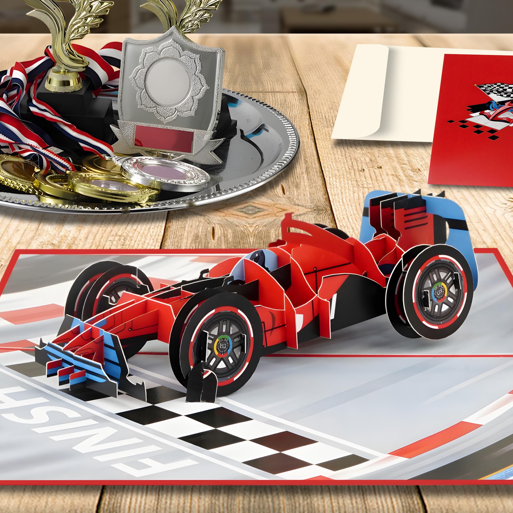iGifts And Cards Racecar - Tarjeta de felicitación 3D desplegable – Fórmula 1, coche deportivo rojo F1, regalo de cumpleaños genial para papá, día del padre, fanáticos de las carreras, 5 x 7 pulgadas