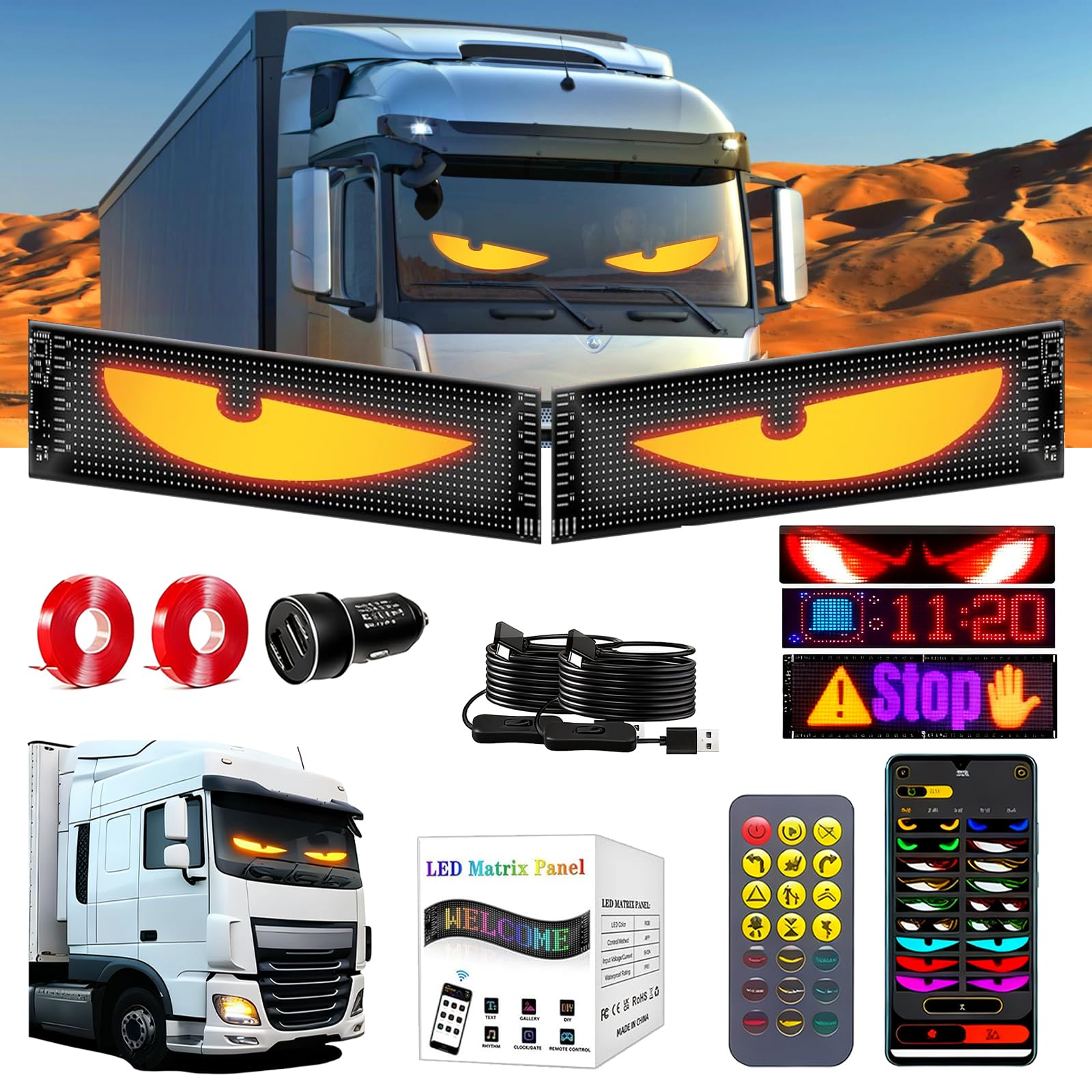 Set di 2 LED Devil Eyes per Camion e Auto, 120×597 mm Set Devil Eyes, Display DIY Programmabile, Testo Scorrevole LED Dinamico con Controllo App & Telecomando, per Veicoli