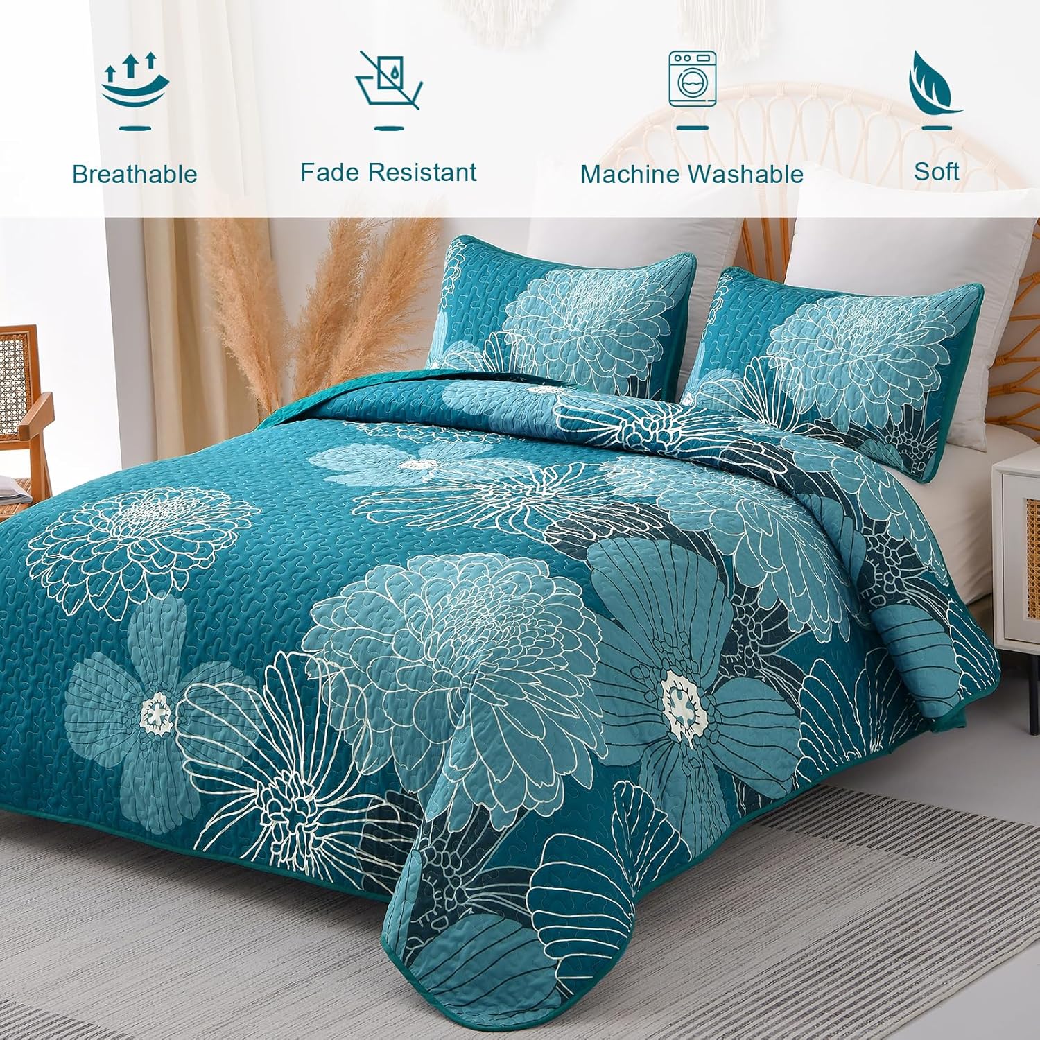 King Quilt Sets Teal Floral Pattern Quilt Bedding Set, 3 Pieces Botanical Quilt Bedspread Coverlet Set, Soft Microfiber Boho Flower Bed Coverlet Bedding Set for All Season(104" x 90)
