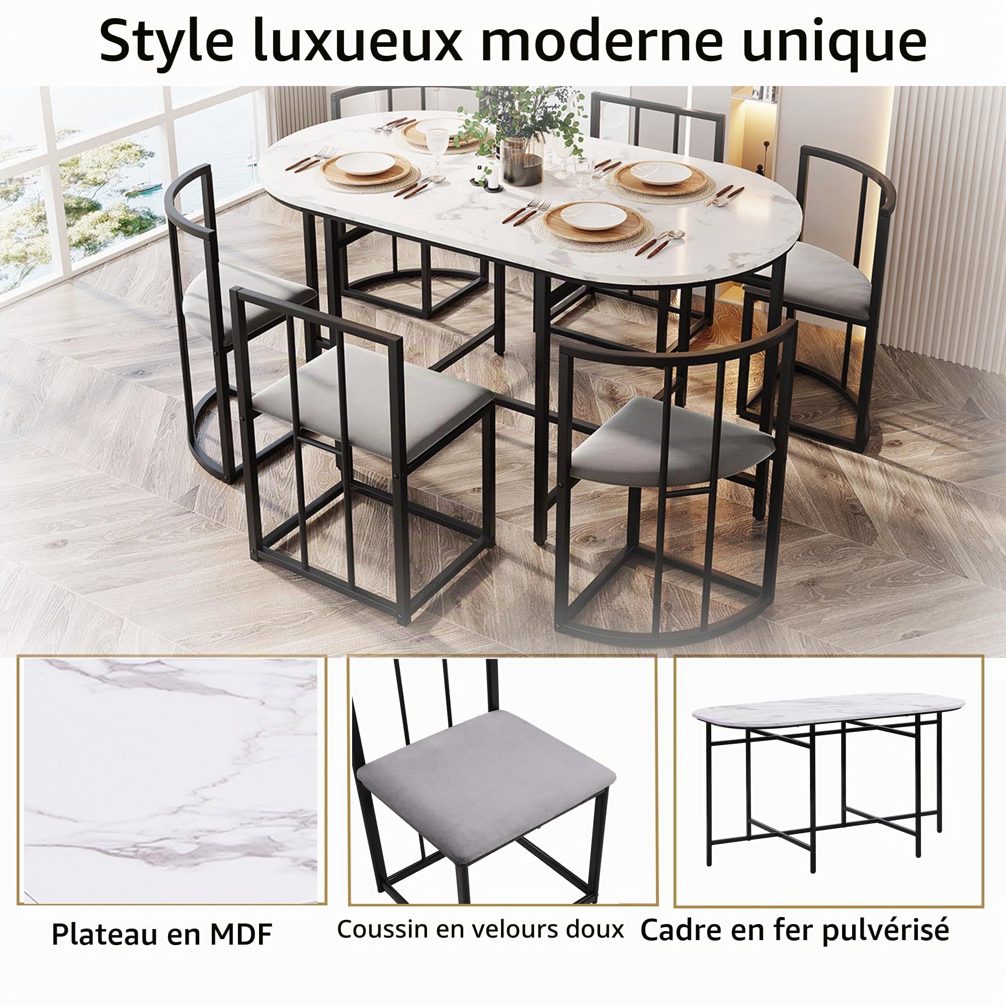 soges Ensemble de Salle à Manger avec Table et 6 Chaises pour 6 Personnes, Table de Salle à Manger 140 x 80 x 76 cm Noir et Blanc