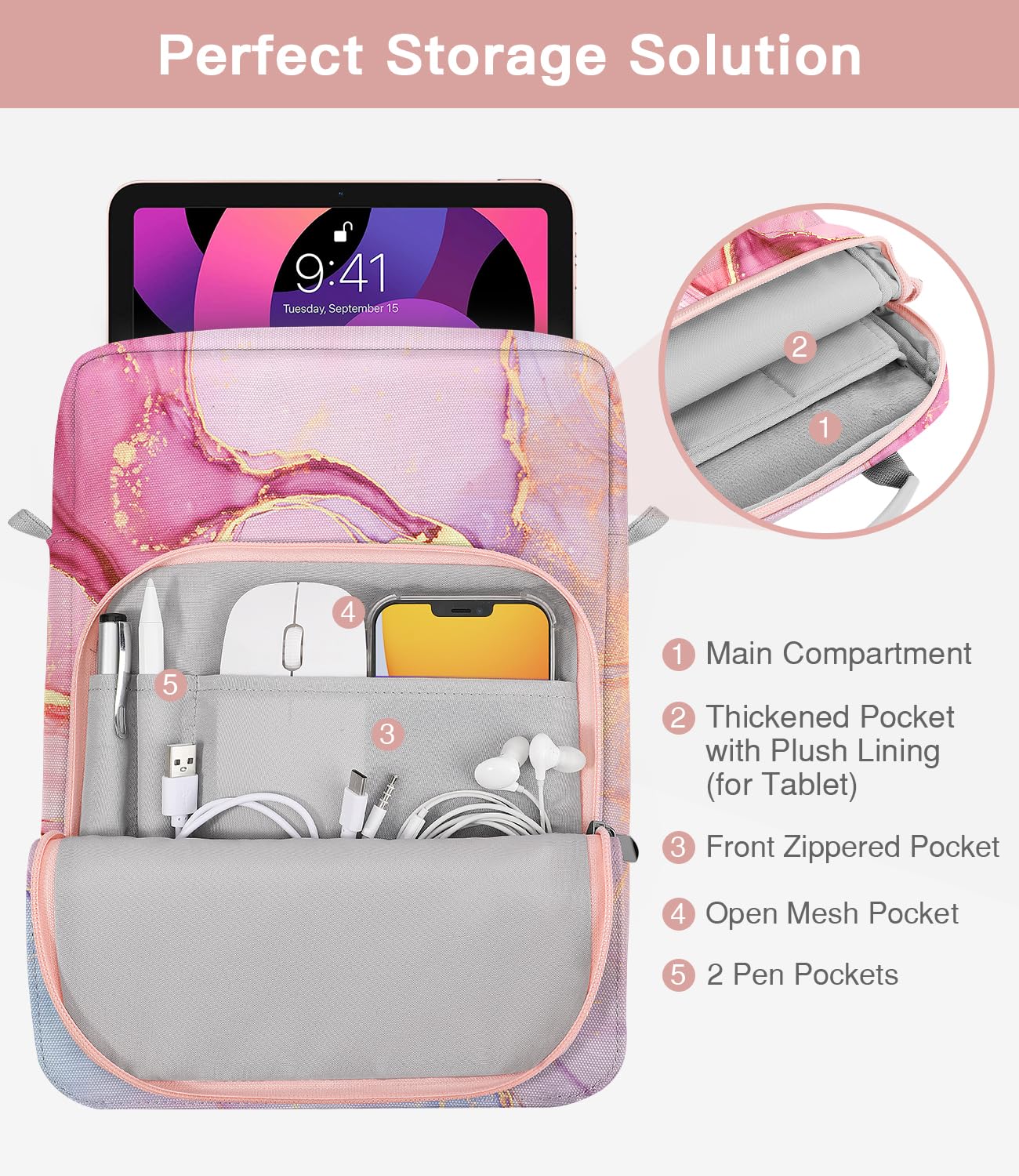 MoKo 9-11 pollici Tablet Sleeve Borsa Maniglia Custodia da trasporto con tracolla Adatto a 11 pollici iPad Air M3, iPad A16 2025, Pro 11", i-Pad 10/9/8/7th Gen, Tab S8/S9 11", Rosa nuvoloso