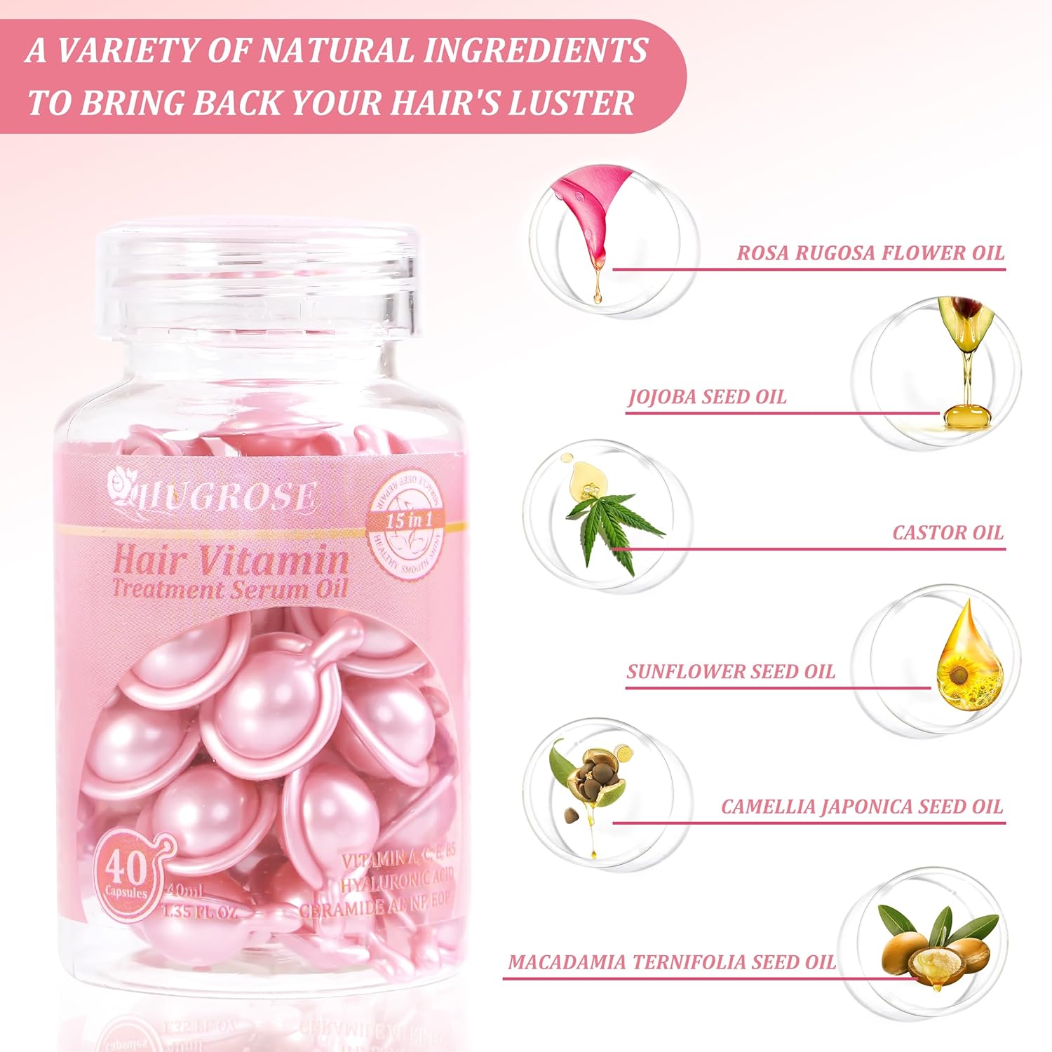 Hair Treatment Serum 40 Capsules, Hair Vitamins A C E Pro B5 - Hair Serum for Frizzy and Damaged Hair, Hair Oil with Rosa Rugosa Flower, Jojoba & Macadamia Seed - Leave in Conditioner for Women & Men - Image 4