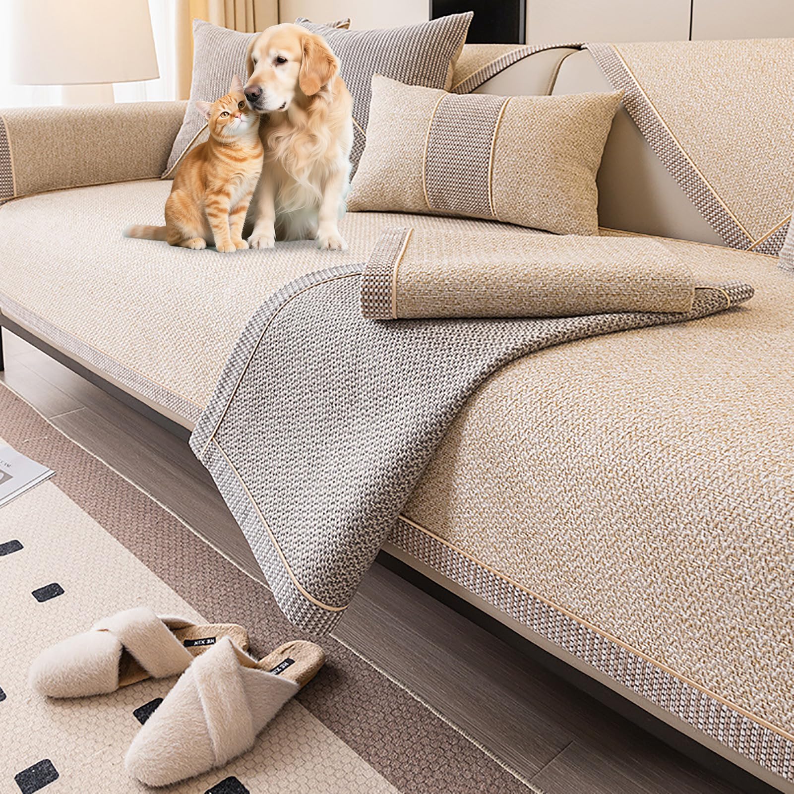 Housse de canapé universelle beige sectionnel 3 places avec envers antidérapant