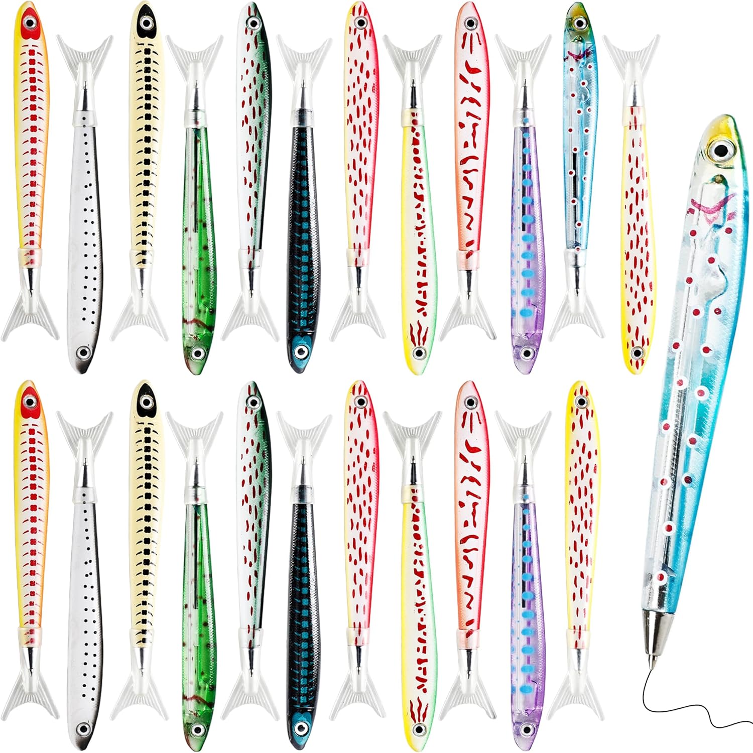 24 Pack Fish Pen Cute Fishing Party Favors Glitter Ballpoint Ink Pens 0.7 mm Writing Ballpoint Pens for Kids Back to School Gift