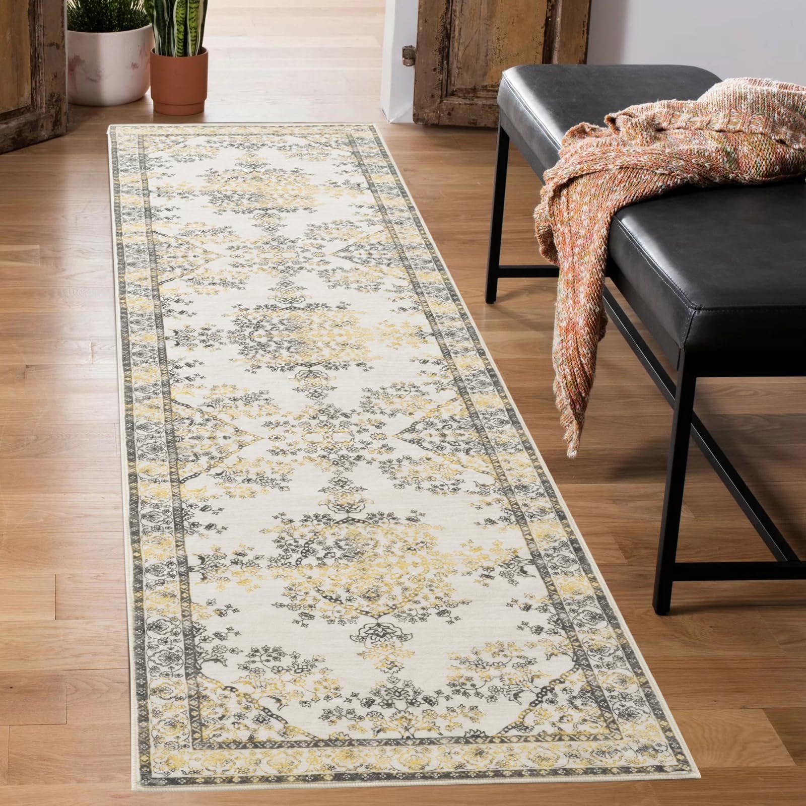 Carvapet Alfombras de Pasillo 60x210cm Alfombra Corredor Antideslizante Larga Alfombras de área Lavable Suave Microfibra Alfombra Comedor Pasillo(Gris Amarillo)