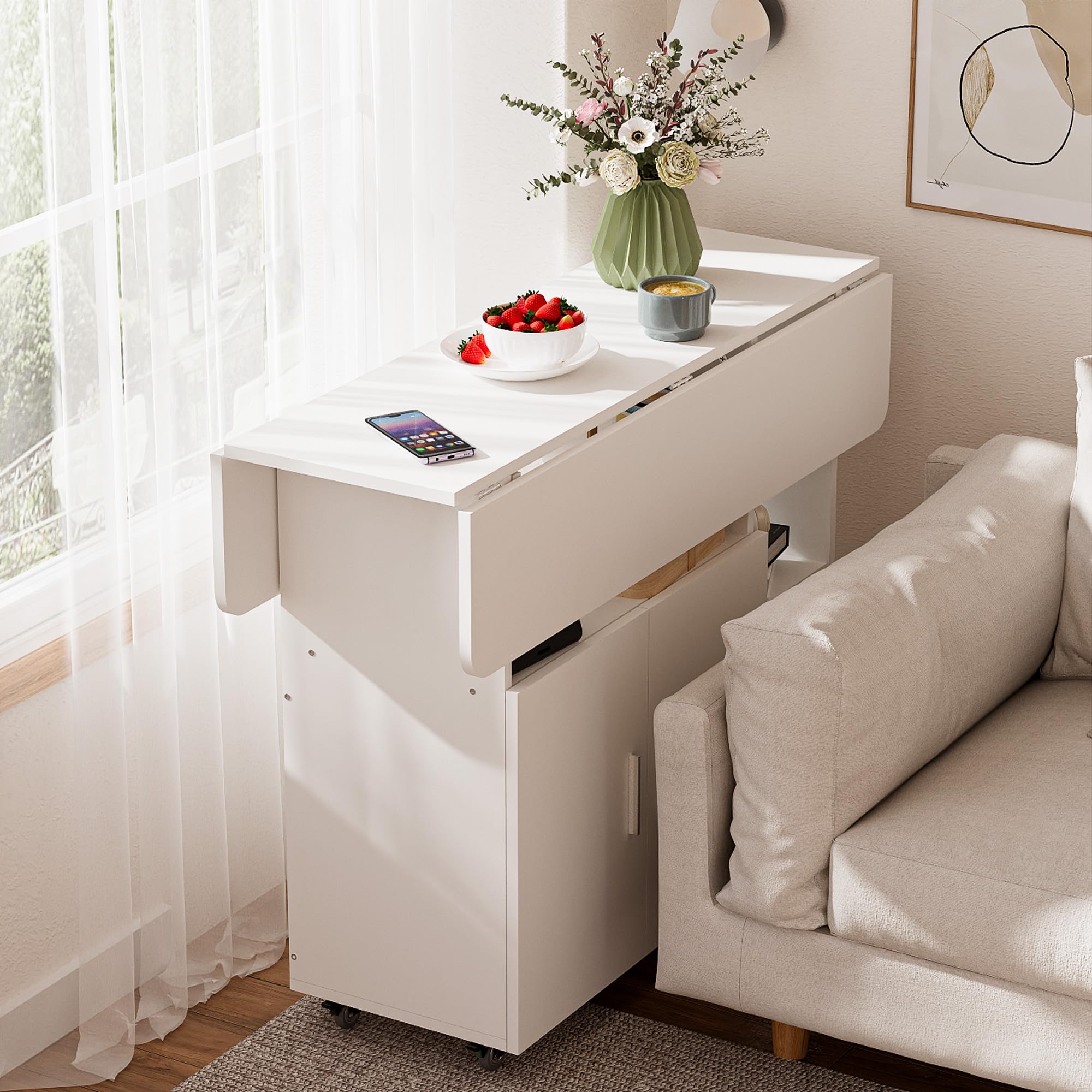 Table à Manger Pliante, Mobile Table de Cuisine avec roulettes pour 6 Personnes avec 1 Grande Armoire et 3 Compartiment Ouvert, pour Petits espaces, Salle à Manger, 100 x 70 x 79 cm Blanc