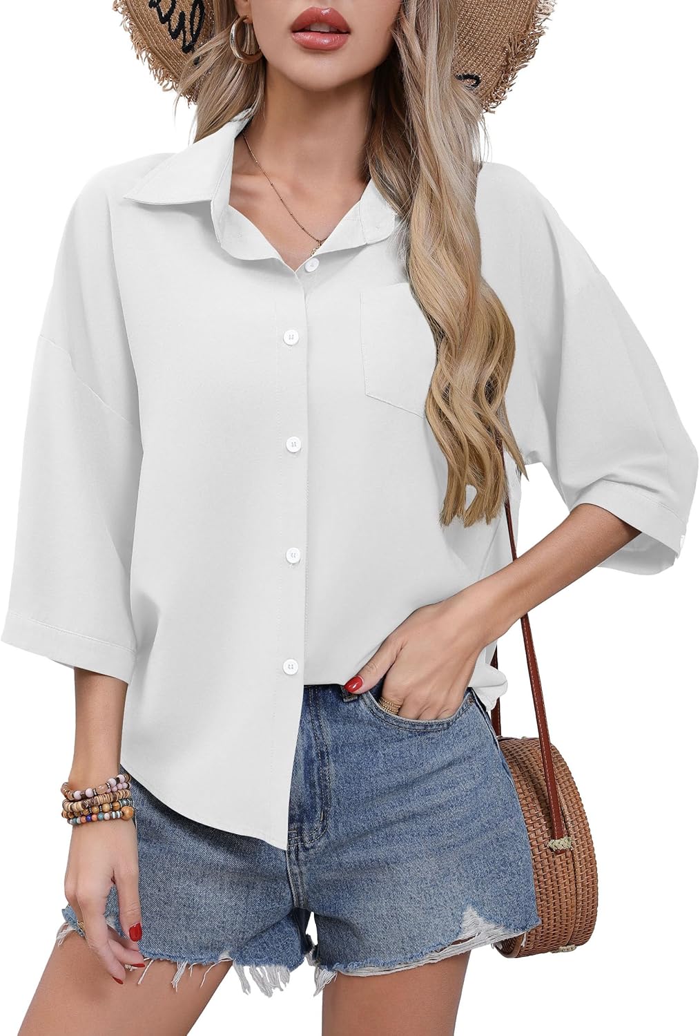 HIYIYEZI Women's Button Down Shirt Casual 3/4 Sleeve Dress Shirts Collared Work Blouse with Pocket