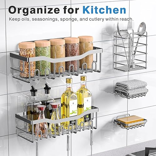 Miniatura 63 de EUDELE Paquete de 5 organizadores de ducha de acero inoxidable a prueba de óxido, organizador de baño adhesivo sin taladros con gran capacidad, Oro