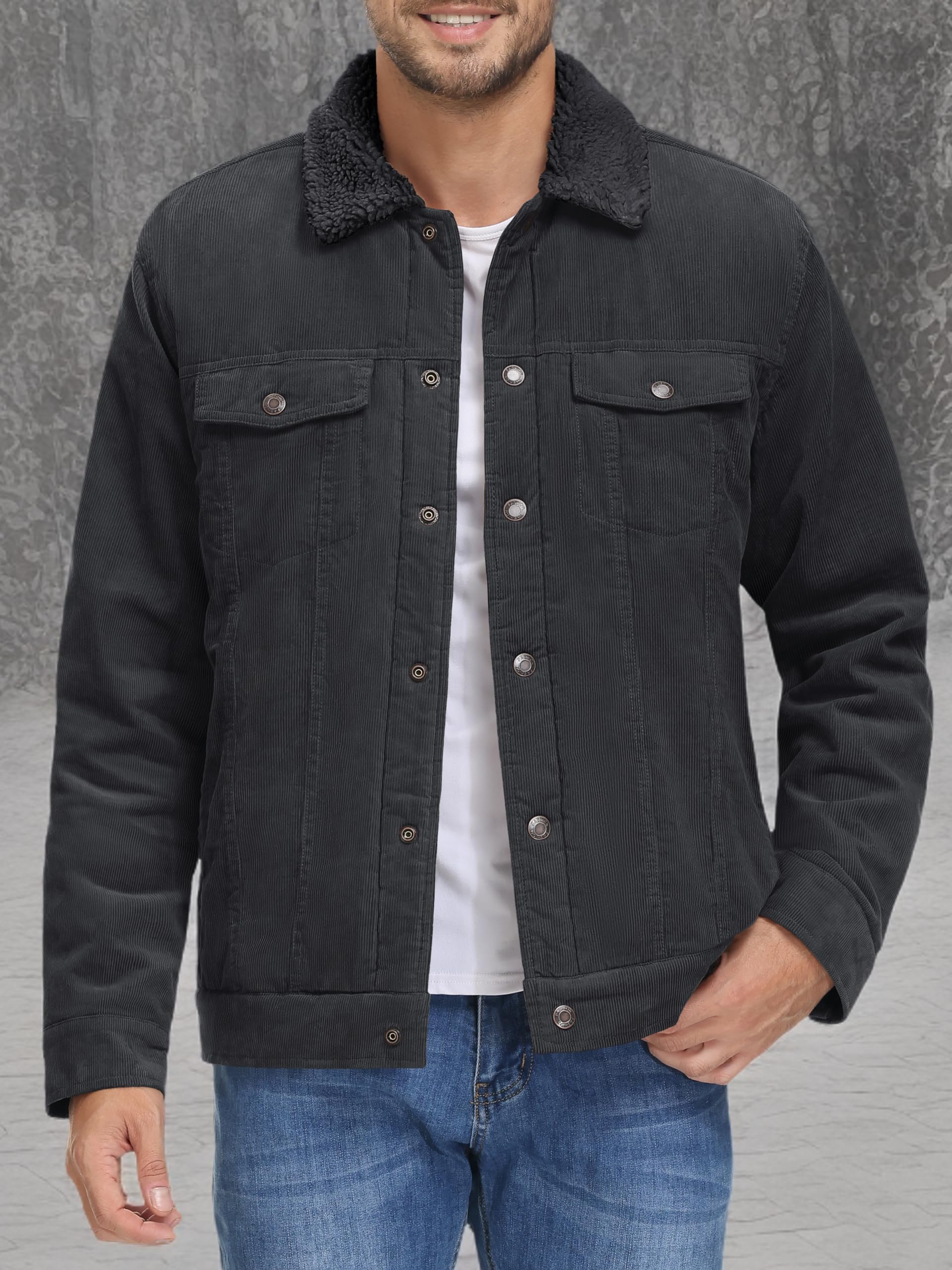 MAGNIVIT Men's Corduroy Fleece Cargo Jacket Winter Snap Button Lapel Sherpa Lined Trucker Cowboy Coat with 5 Pockets