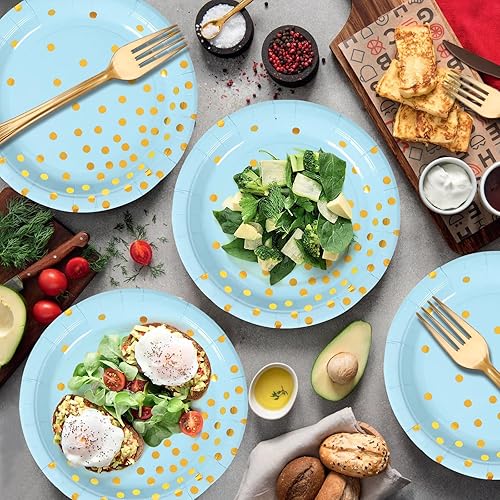 Miniatura 5 de Juego de platos y servilletas de papel azul dorado, platos de postre de 25 x 7 pulgadas, servilletas de 25 x 6.5 pulgadas y tenedores de 25 x 7.3