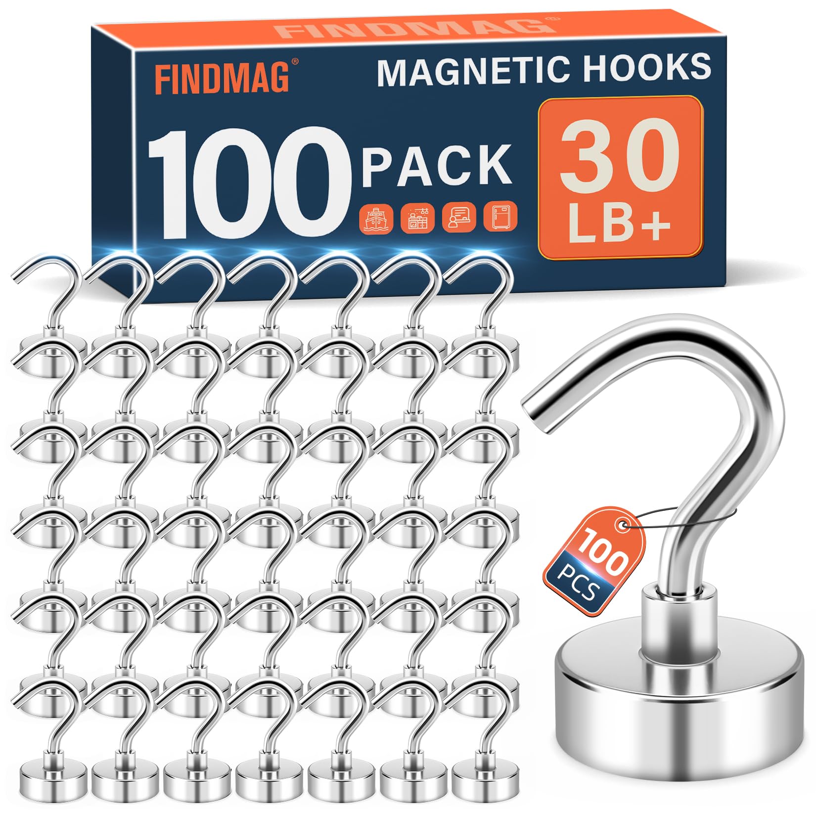 FINDMAG N52 Lot de 100 crochets magnétiques en néodyme, 12,7 kg pour accrocher, aimants puissants avec crochet robuste pour salle de classe, réfrigérateur, bureau (argenté)