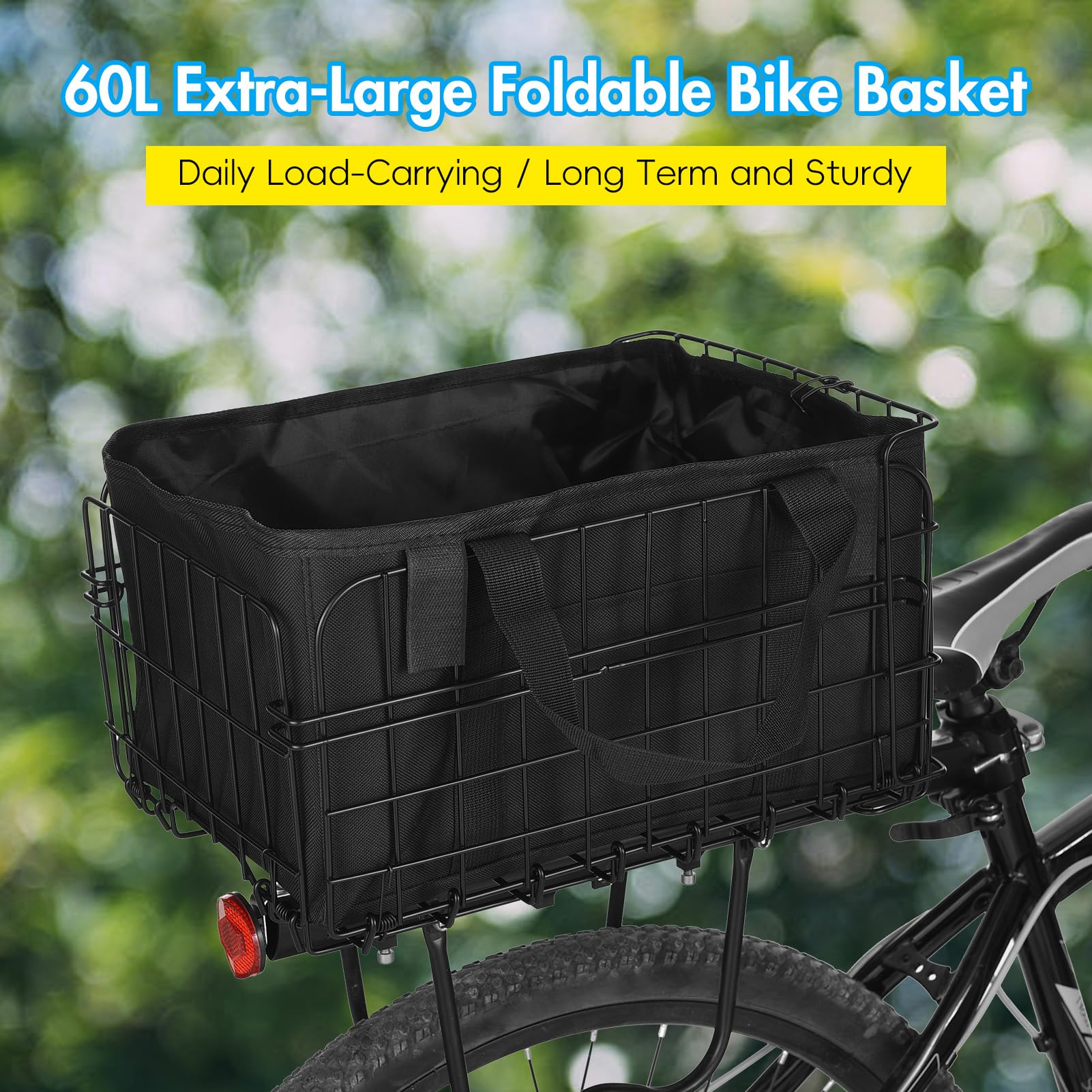Panier de vélo arrière, panier de vélo pliable 60L avec doublure imperméable amovible, porte-bagages arrière de vélo, accessoire de cadre de vélo pour transporter chiens, animaux de compagnie