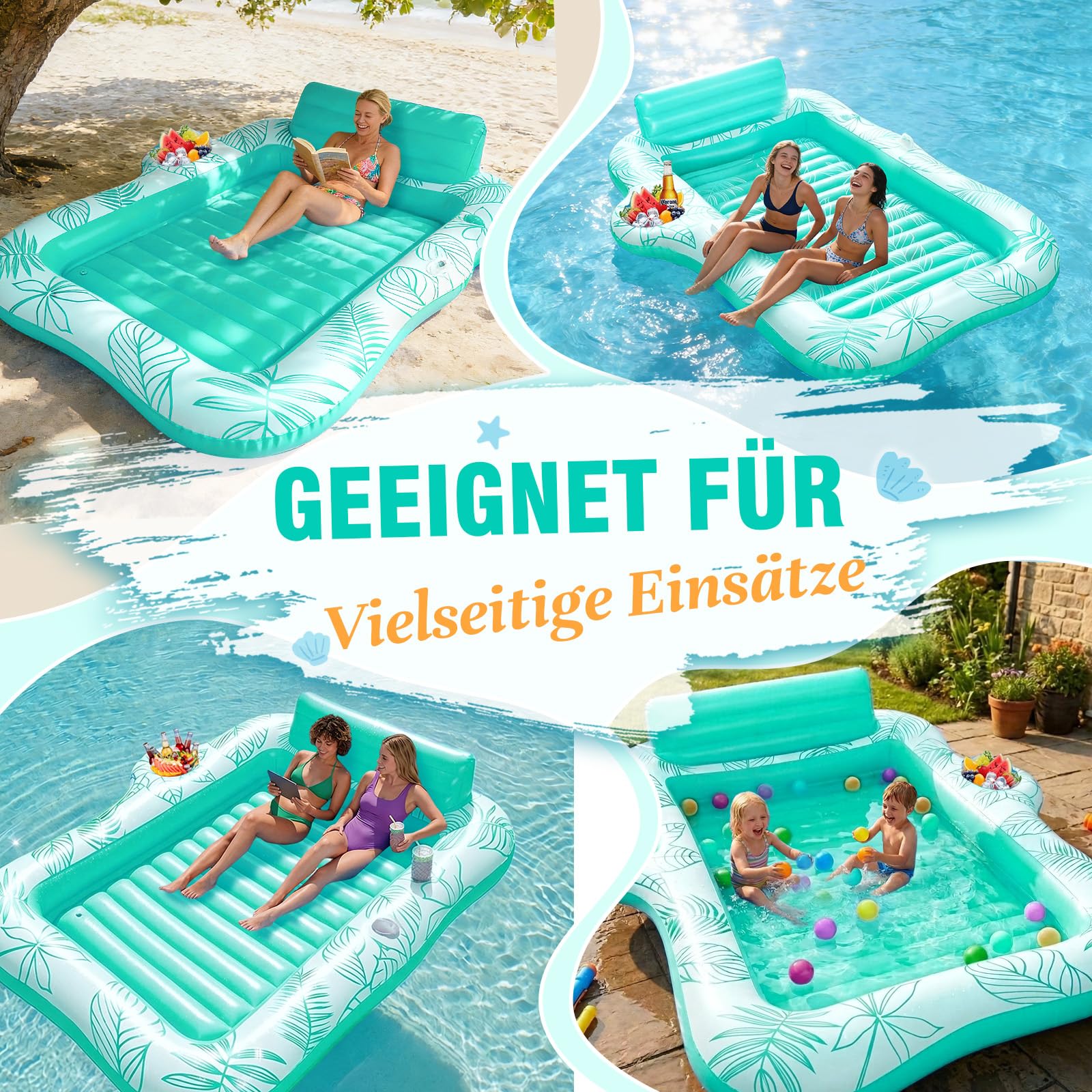 Charmofun Luftmatratze Tanning Pool Groß, 230 * 180 cm Doppelte Deluxe Aufblasbarer Sonnenpool mit Kopfstütze Eisbar wasserdichte Handytasche, Luftmatratze Pool für Erwachsene Strand Sommerspaß