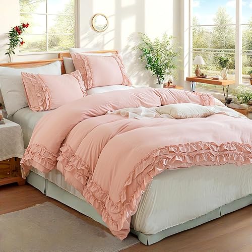 Miniatura 4 de MOVE OVER Juego de edredón rosa con volantes, tamaño King, juego de ropa de cama de 2 capas con volantes, juego de edredón de 3 piezas, ligero y