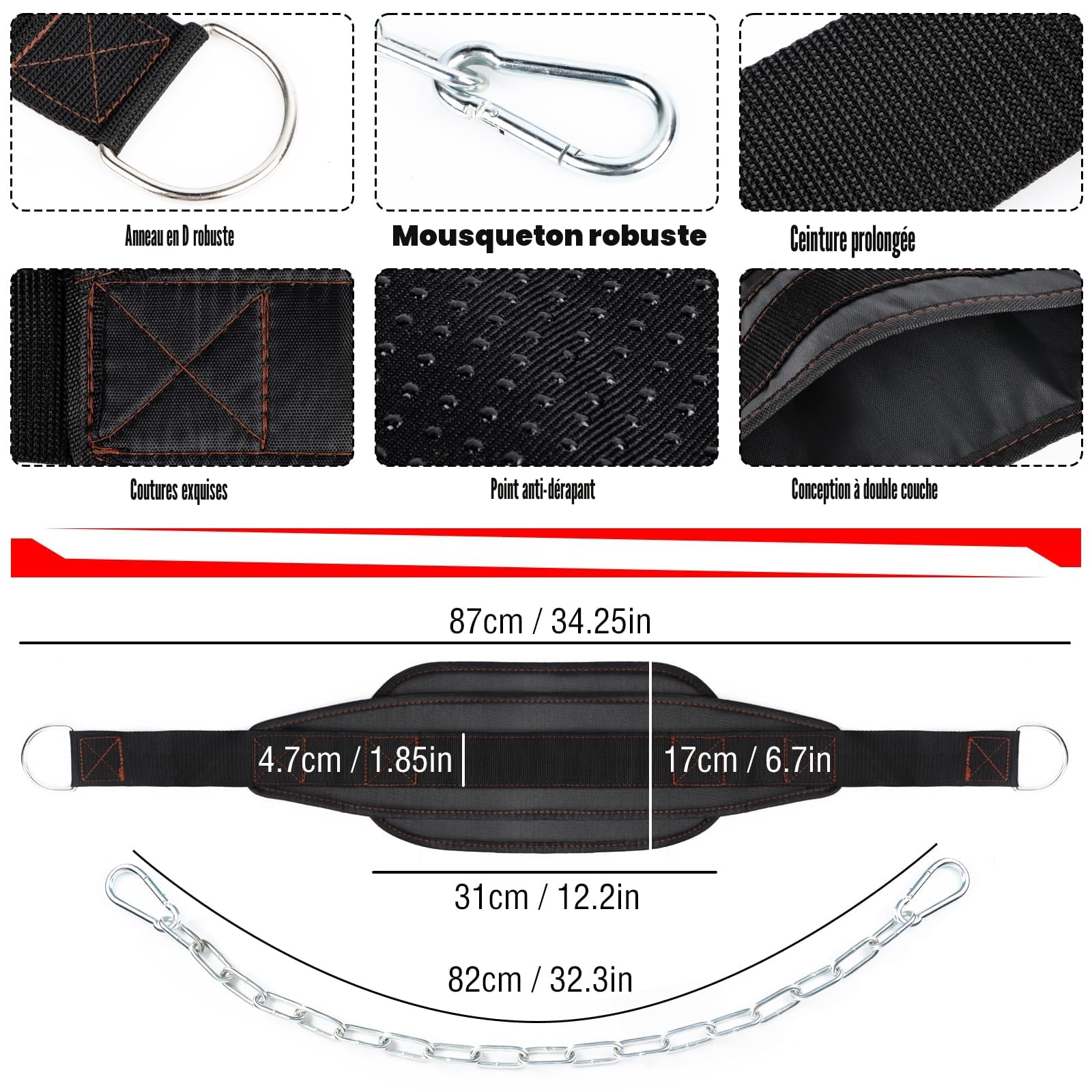 Ceinture Musculation Homme Ceinture de leste musculation en néoprène avec chaîne en acier et 2 mousquetons, Dip ceinture lestée pour homme femme squat tractions bodybuilding workout