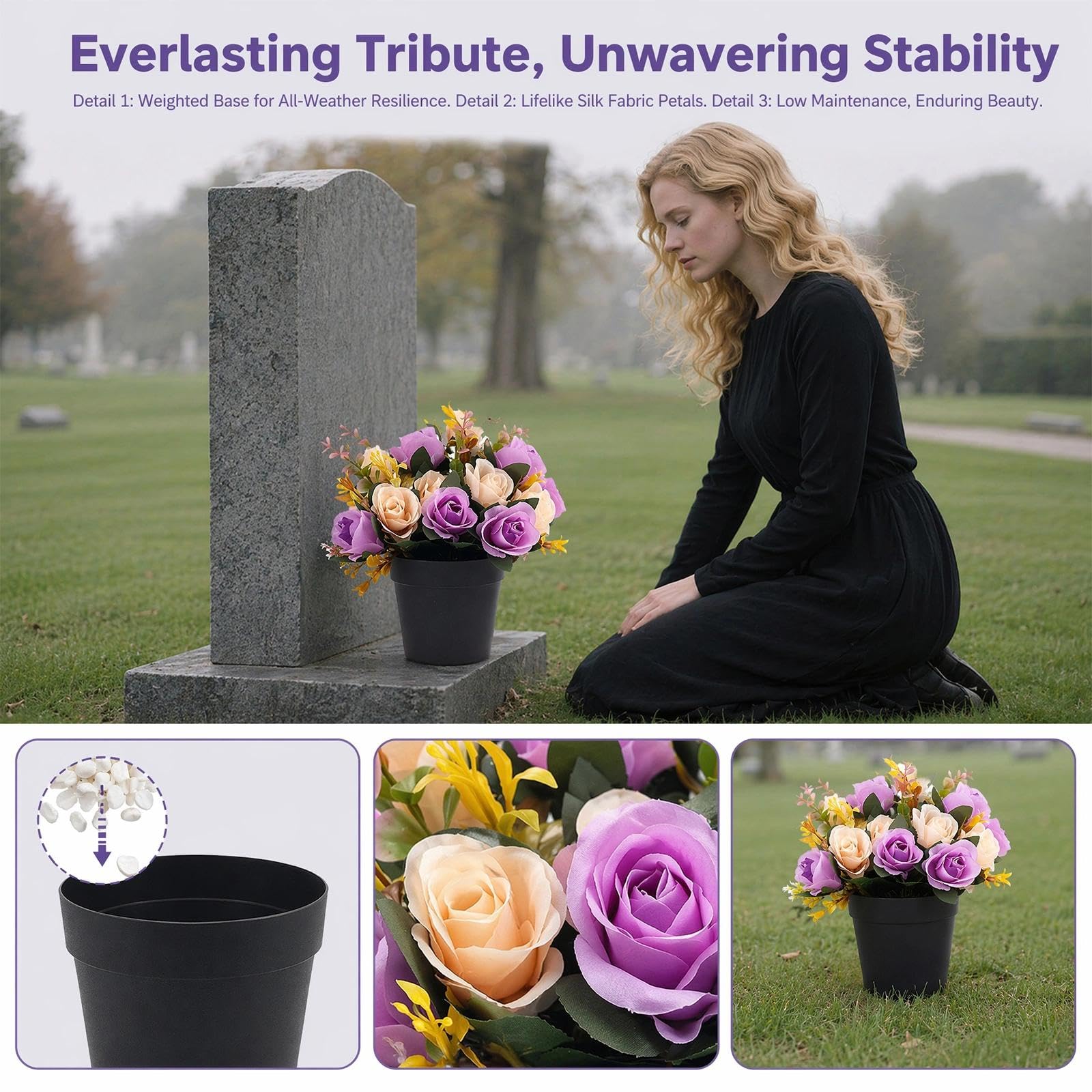 2 Pcs Artificial Flowers for Graves Pots Weather-Resistant Cemetery Flowers with 12 Lifelike Roses - Image 4