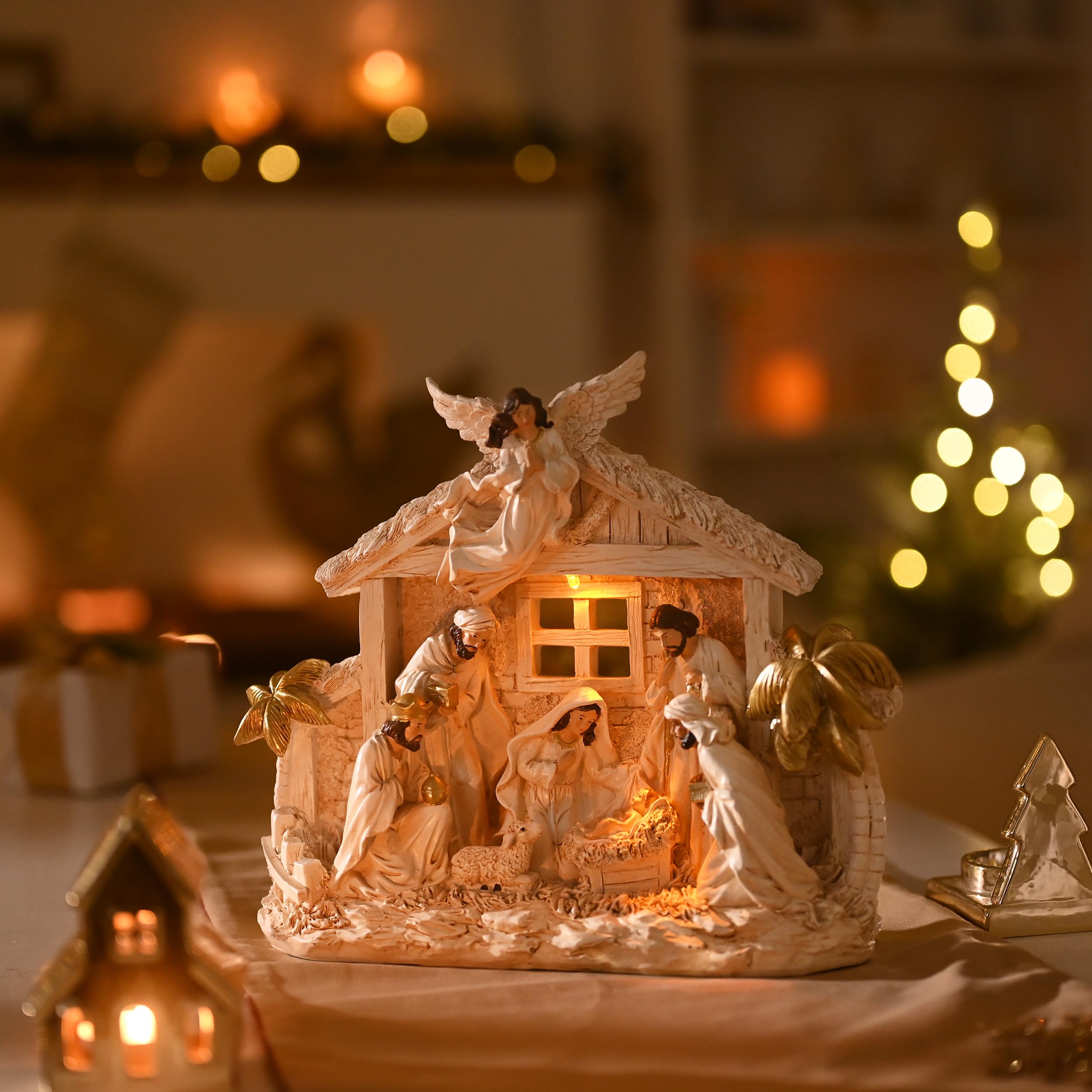 Valery Madelyn Figurines de crèche de Noël avec lumières LED - Grande crèche de Noël en or blanc - Mangeoire en résine pour Noël, intérieur, maison, table, cheminée, décorations de vacances, 27 cm de