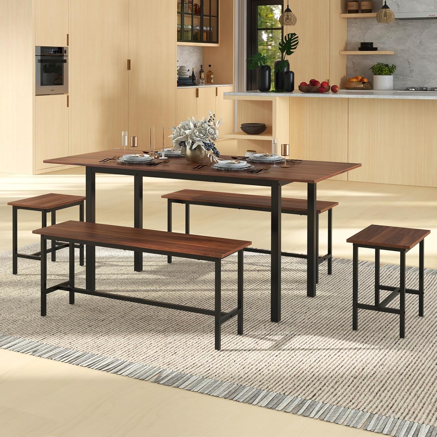 Giantex Dining Table Set for 4-6, 5-Piece Kitchen Table Chairs Set, 63” Extendable Table with 2 Benches, 2 Stools, Dinette Table Set, Breakfast Nook Table Set, Dining Room Table Set (Walnut)