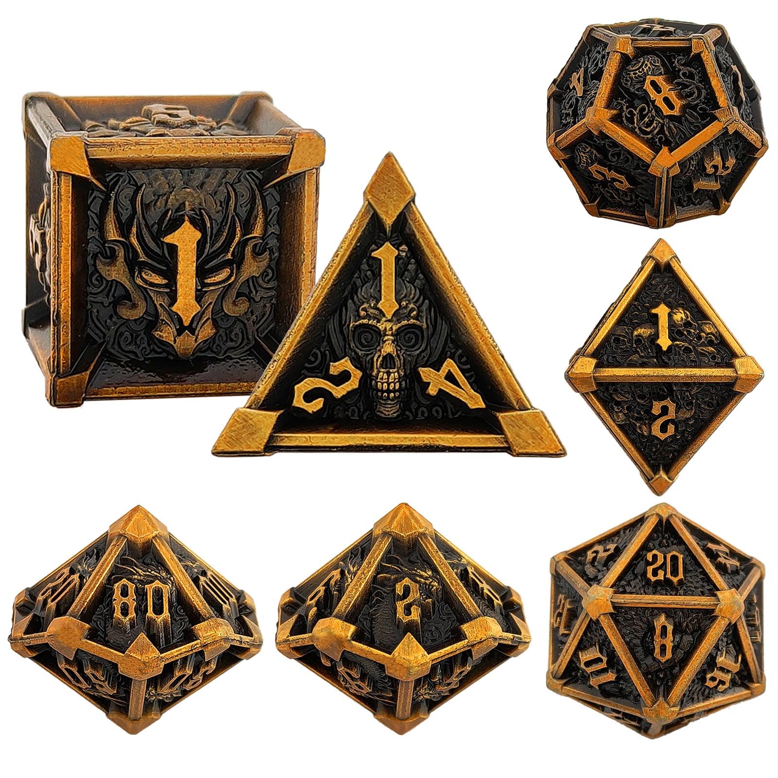 ORUZA Set di 7 dadi in metallo DND, dadi poliedrici D&D, dadi da gioco in metallo, per dungeon e dragon, RPG MTG TTRPG Pathfinder, giochi da tavolo (oro vecchio)