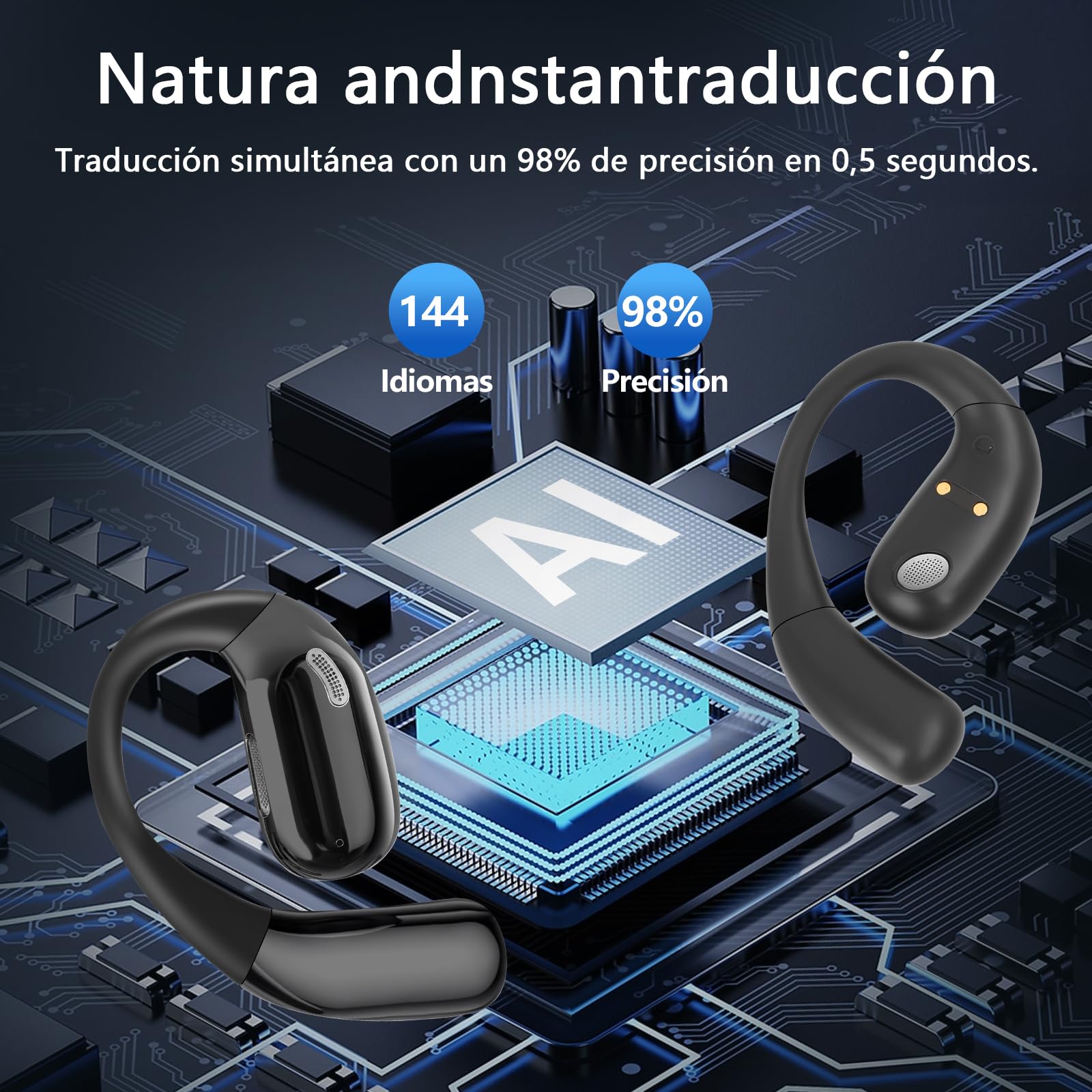 Auriculares Traductor en Tiempo Real con IA, Traductor Instantáneo de Voz 164 Idiomas, Auriculares Traductores Inalámbricos Abiertos Pantalla Táctil LED,con para Viajes/Reunirse/Aprendizaje/Negocios