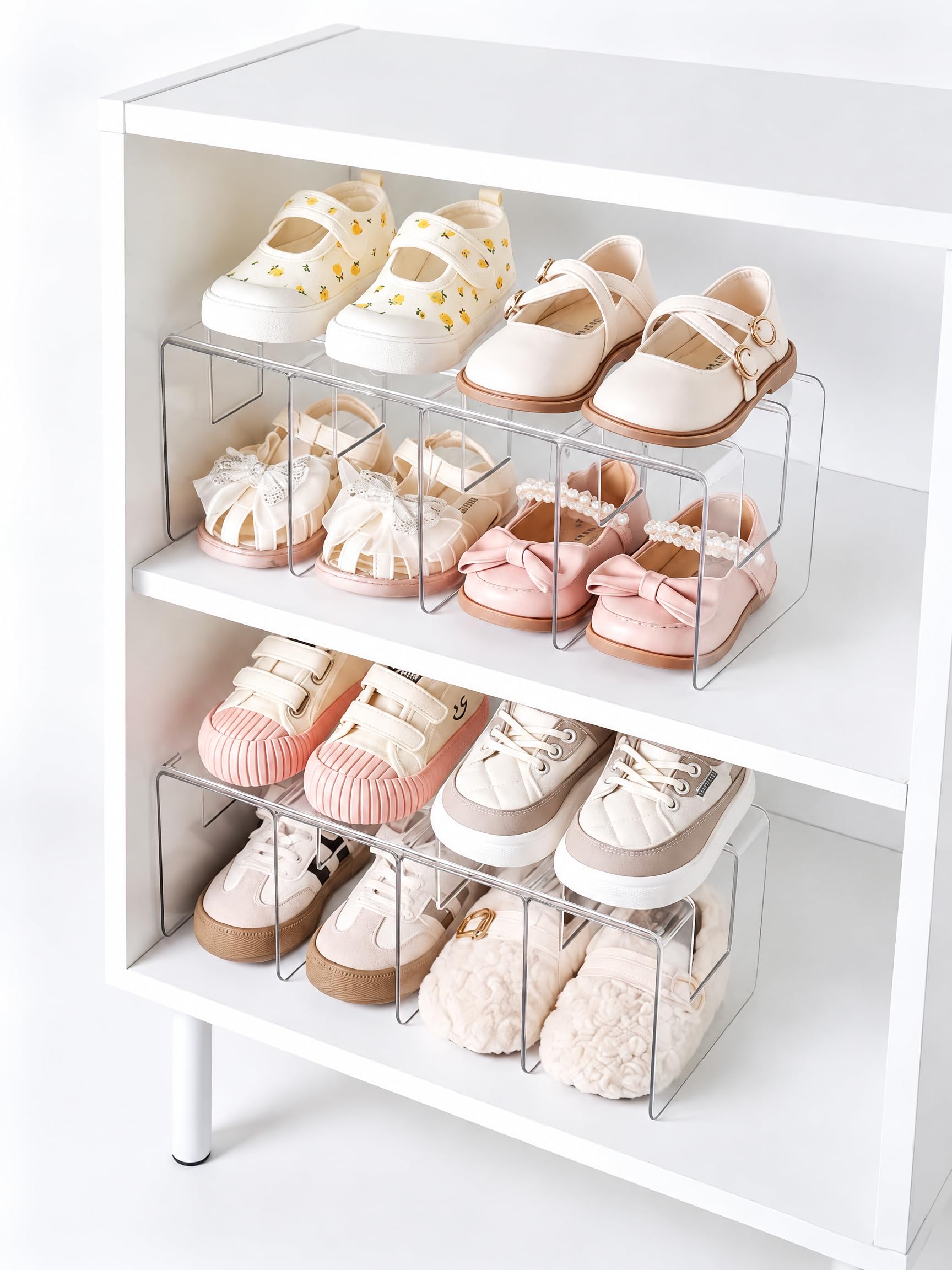 NUOLUTH Schuhregal aus transparentem Acryl für Kinder, Schubladen-Organizer für Kleidung, 2 Stück, 4 Abschnitte, stapelbar, für Kinderschuhe Küche, Haushalt & Wohnen