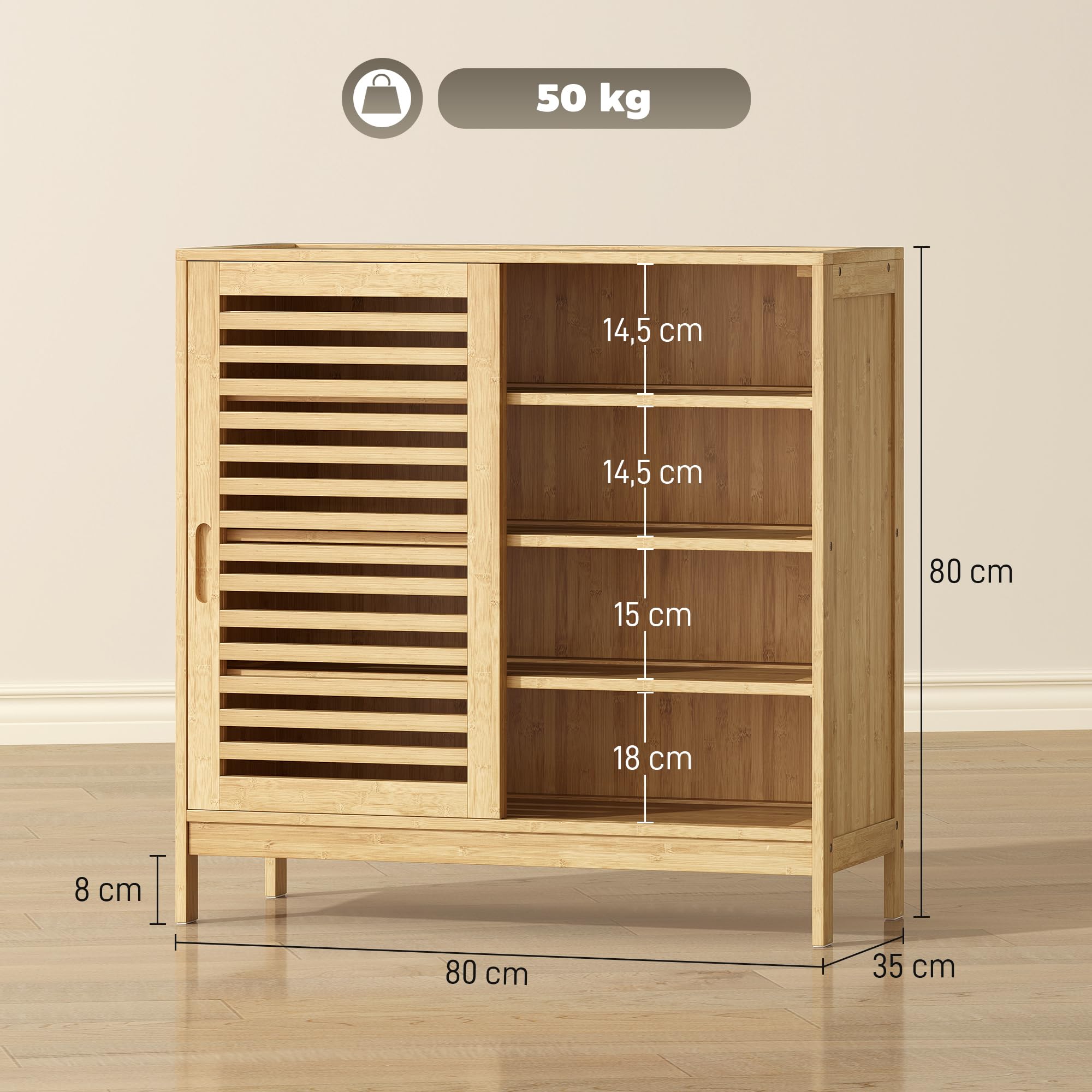HOMCOM Zapatero de Bambú con 2 Puertas Correderas de Lamas, Zapatero Entrada Recibidor con Estantes Ajustables, para 16 Pares de Zapatos, 80x35x80 cm, Natural