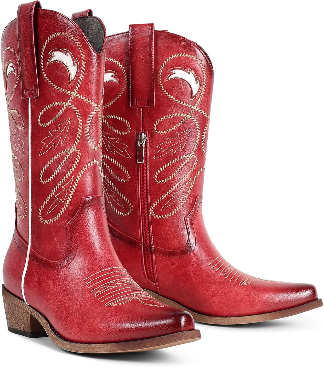 Cowboy Boots For Women - Mid Calf Pointed Toe Western Cowgirl Boots with Zipper Pull On, Chunky Heel, Vintage Faux Leather & Embroidery