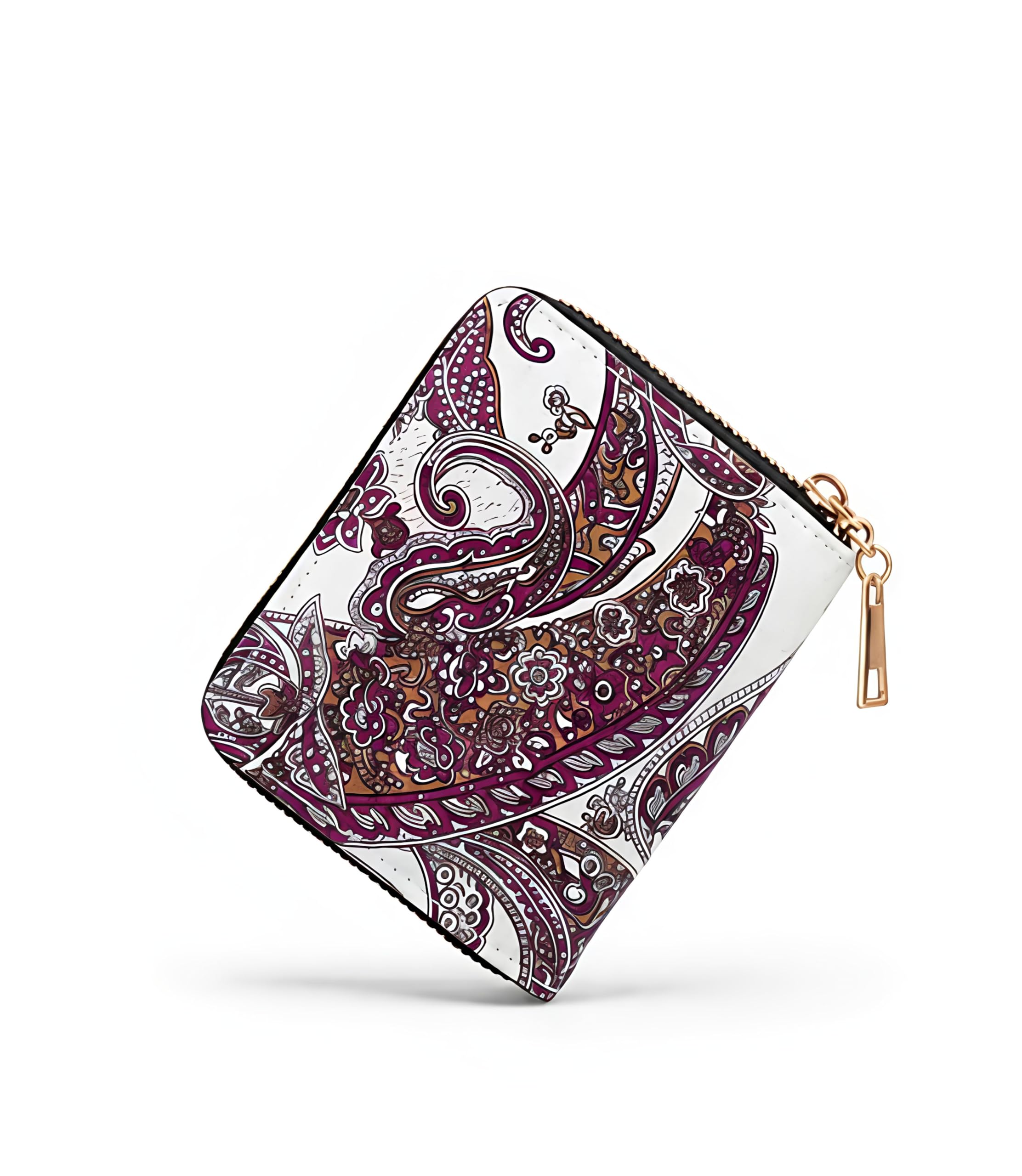 Women's Paisley Print Zip-Around Wallet, PU Leather, Purple and White, Compact Coin Purse and Card Holder with Gold-Tone Zipper-image-1