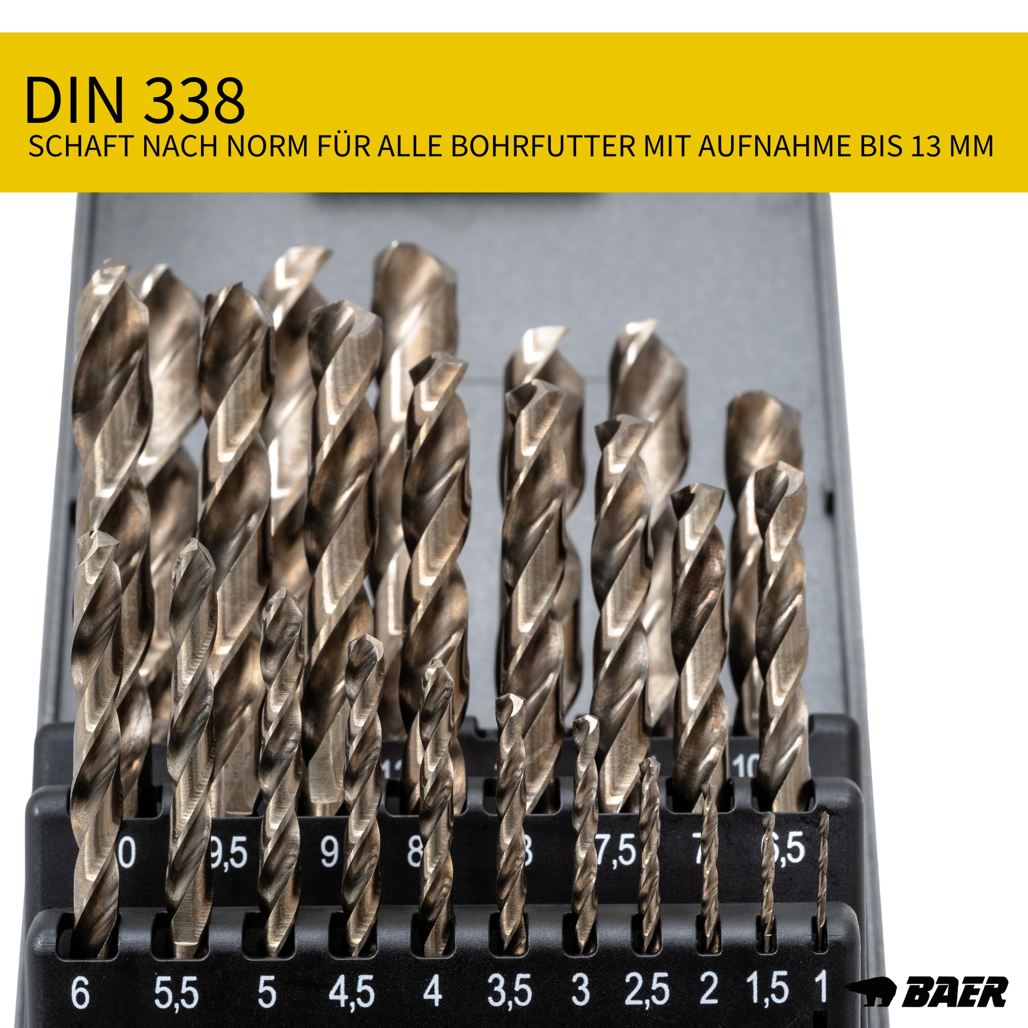 BaerCoil BAER HSSE - Juego de brocas de acero inoxidable (25 piezas, 1 – 13 mm en incrementos de 0,5 mm, 5% de acero de alta velocidad de cobalto, para hierro, acero y bronces de hasta 1300 N/mm², etc