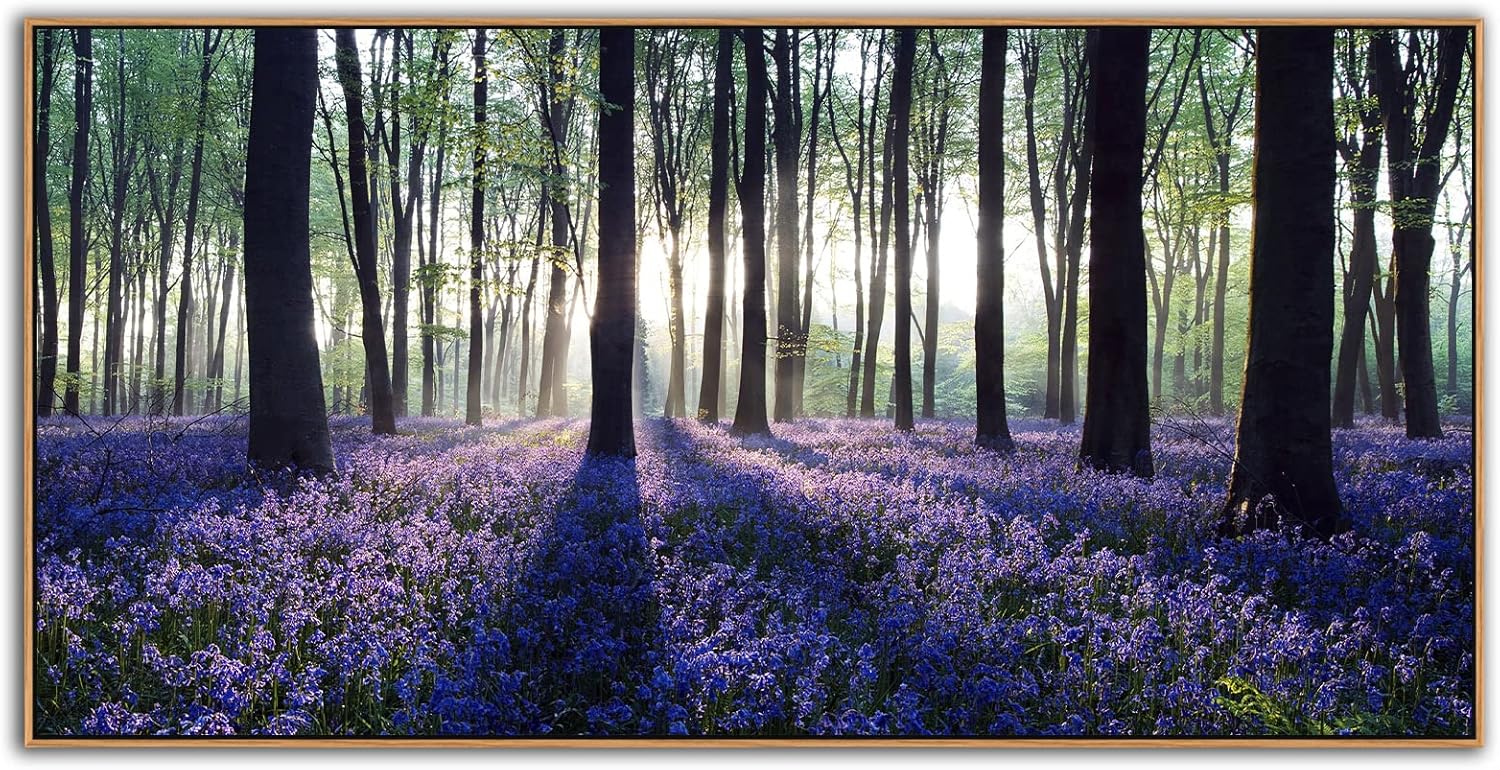 yearainn Framed Lavender Forest Wall Art – Purple Lavender Field with Sunlight through Trees Canvas Picture, Nature Landscape Painting Artwork for Home Wall Decor, Natural Wood Frame, 24" x 48"