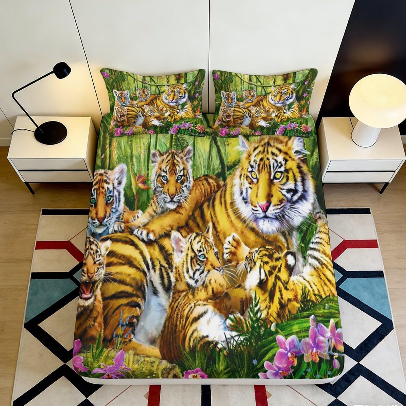 3D Printed Tiger Family Fitted Sheet Microfiber Soft Breathable Jungle Pattern Bed Cover for Bedroom Dormitory Guest Room Mattress Protection 140x200x25cm