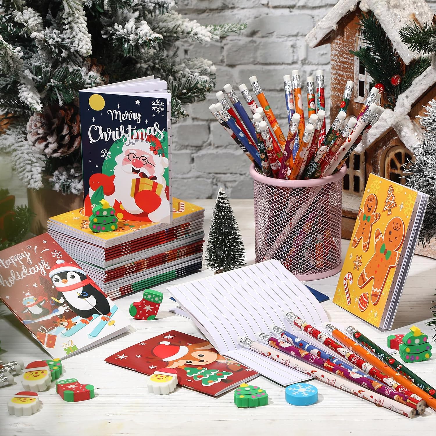 Cholemy 144 Pcs Christmas Stationary Party Favor Bulk Xmas Gifts Including Christmas Pencils Mini Erasers Small Notebook Set Reward Carnival Prizes