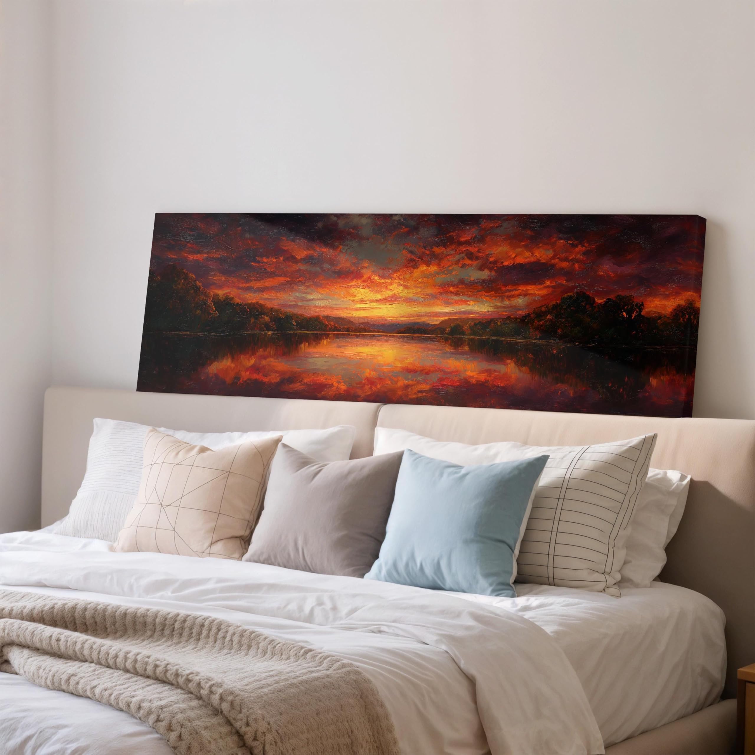 XBTYKPB Solar Eclipse Landscape Canvas, Wide Panoramic Wall Art, Red and Orange Dusk Sky, Nature Painting,Above Bed Art,Bedroom(30x90cm/Frameless)