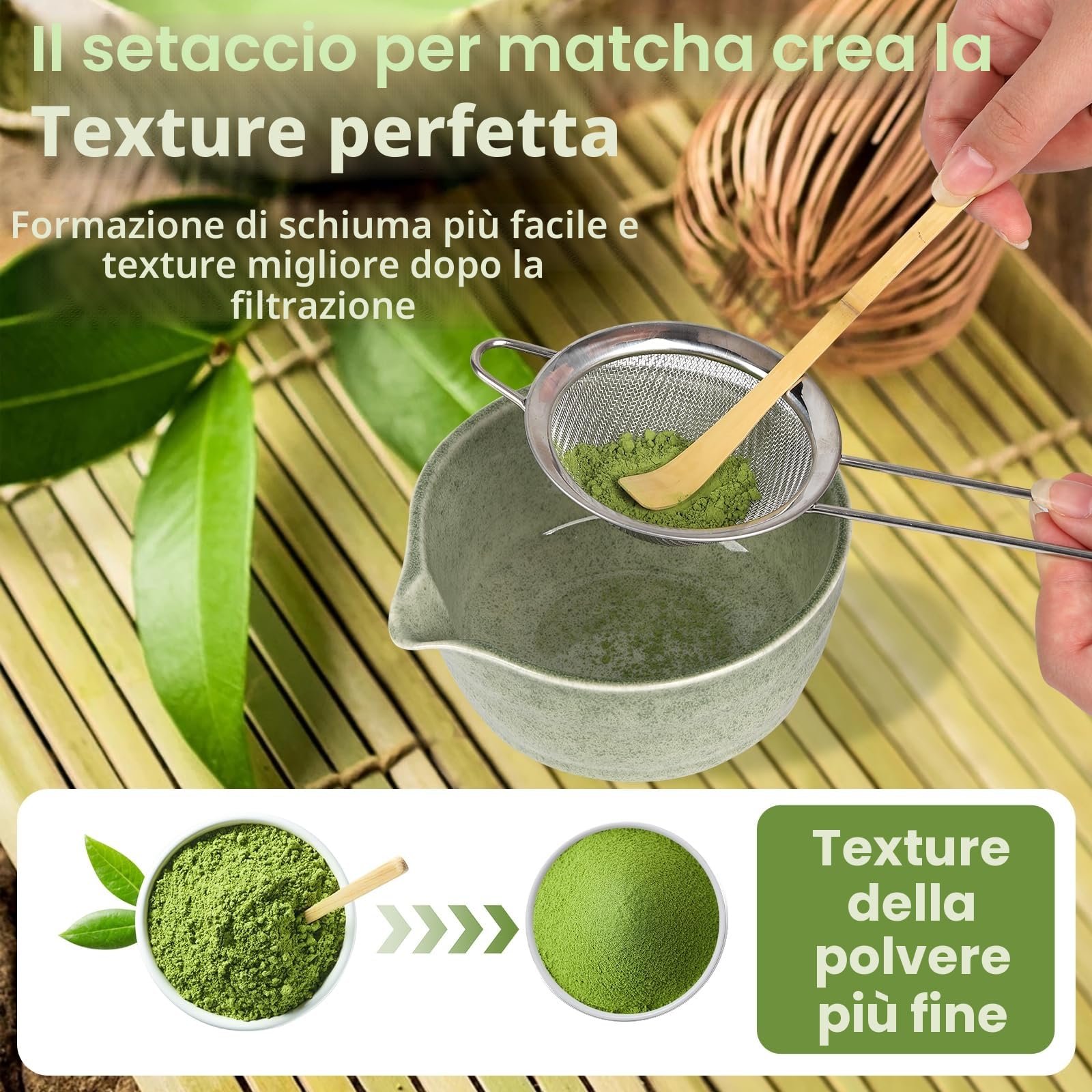 Matcha Kit, Matcha Set da 6 Pezzi con Frusta per Matcha, Ciotola per Matcha, Filtro per Matcha, 2 Cucchiaio e Supporto in Ceramica, Set Matcha Ideale per la Preparazione del Tè Matcha (A)