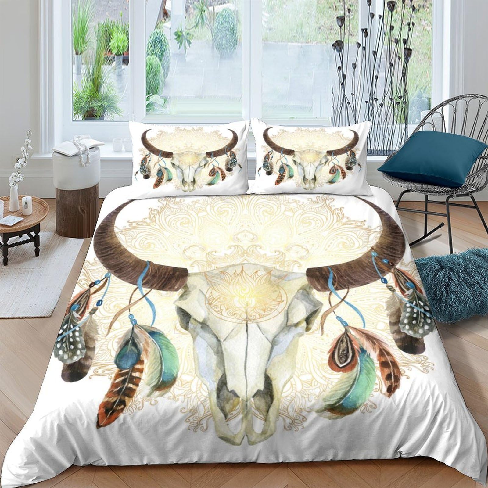 Ctjqhvkz Style-2 3D Printed Bull Skull Fitted Sheet Microfiber Feather Dreamcatcher Bed Cover For Bedroom Dorm Mattress Decor Single（135X200cm）