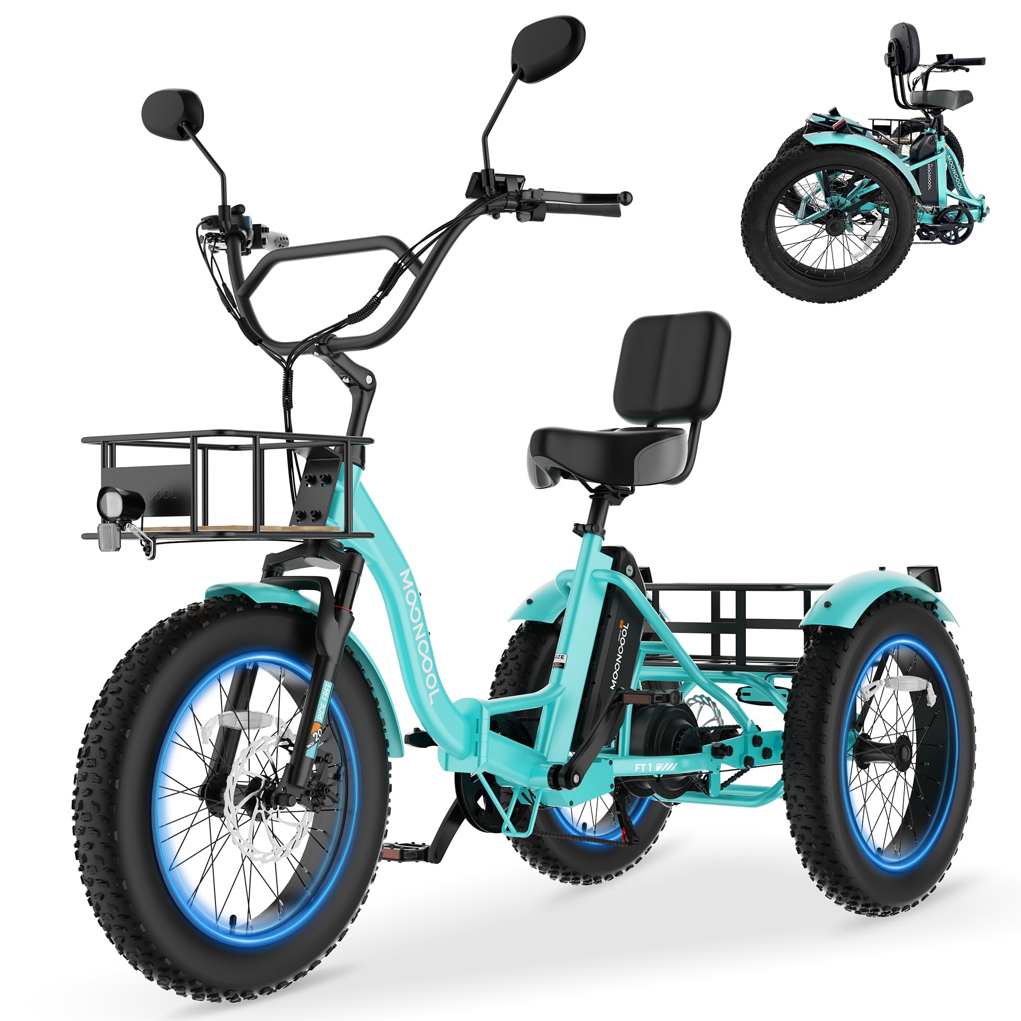 MOONCOOL Electric Tricycle for Adults, 20" x 4" Fat Tire Electric Trike, 48V 500W 3 Wheel Electric Bike, 7 Speed E Trikes for Adults with Removable Battery, Aluminum Frame &amp; Large Basket