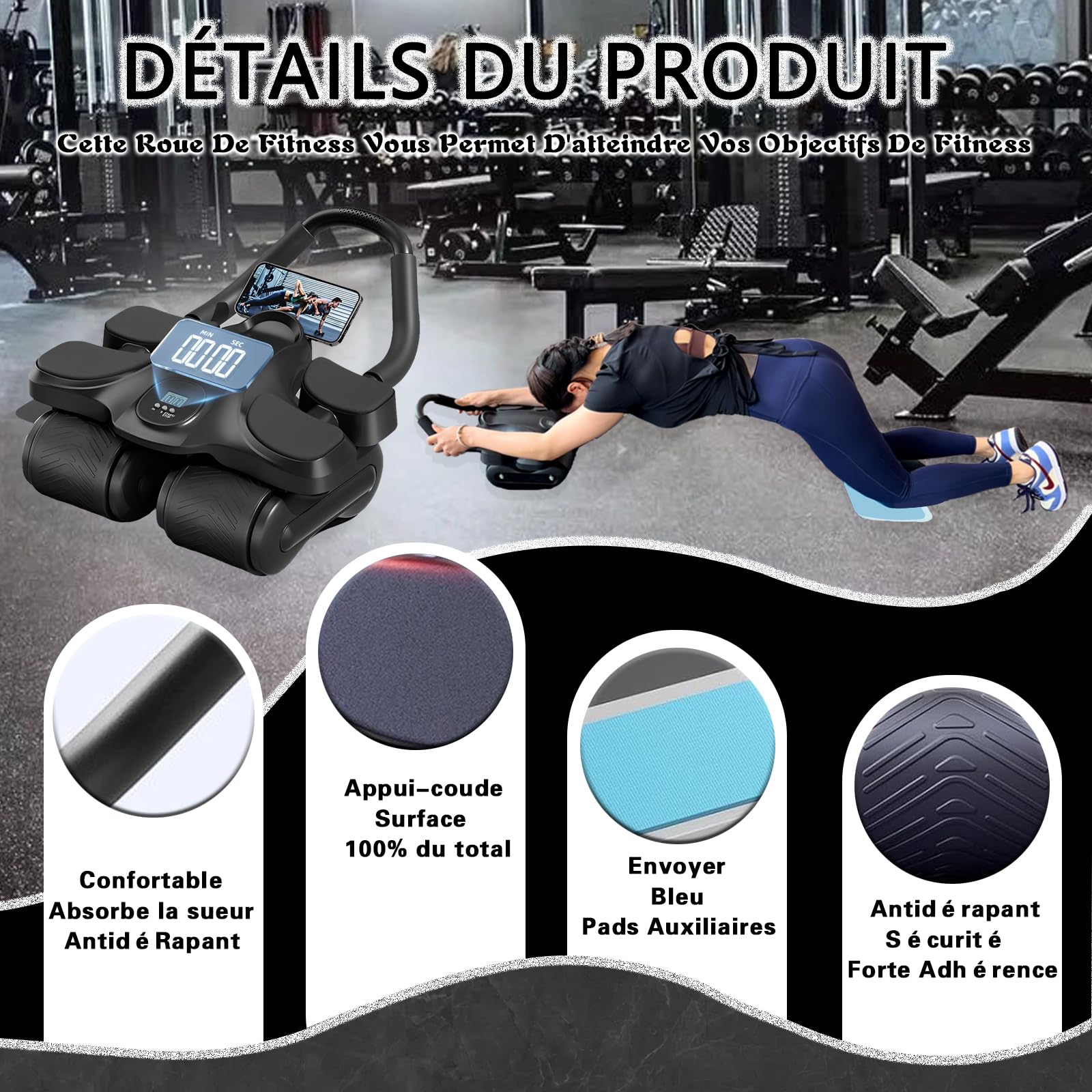 Roue Abdominale, Roue Abdominale à Rebond Automatique Conception à Quatre Roues Empattement Plus Large, Appareil Abdominaux Femme Convient au Bureau, à L'extérieur et à La maison