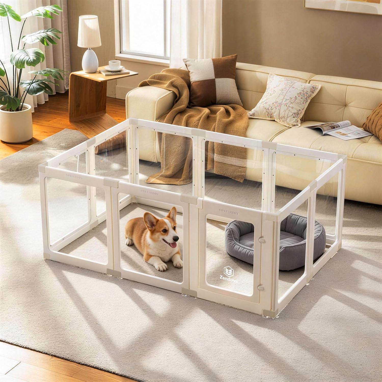 Acrylic Dog Playpen Indoor, 23.6 Inch Small Pet Play Pen for Puppies and Dogs, Easy Assemble Dog Fence with Khaki Blocking Connectors (White, 10 Panels)