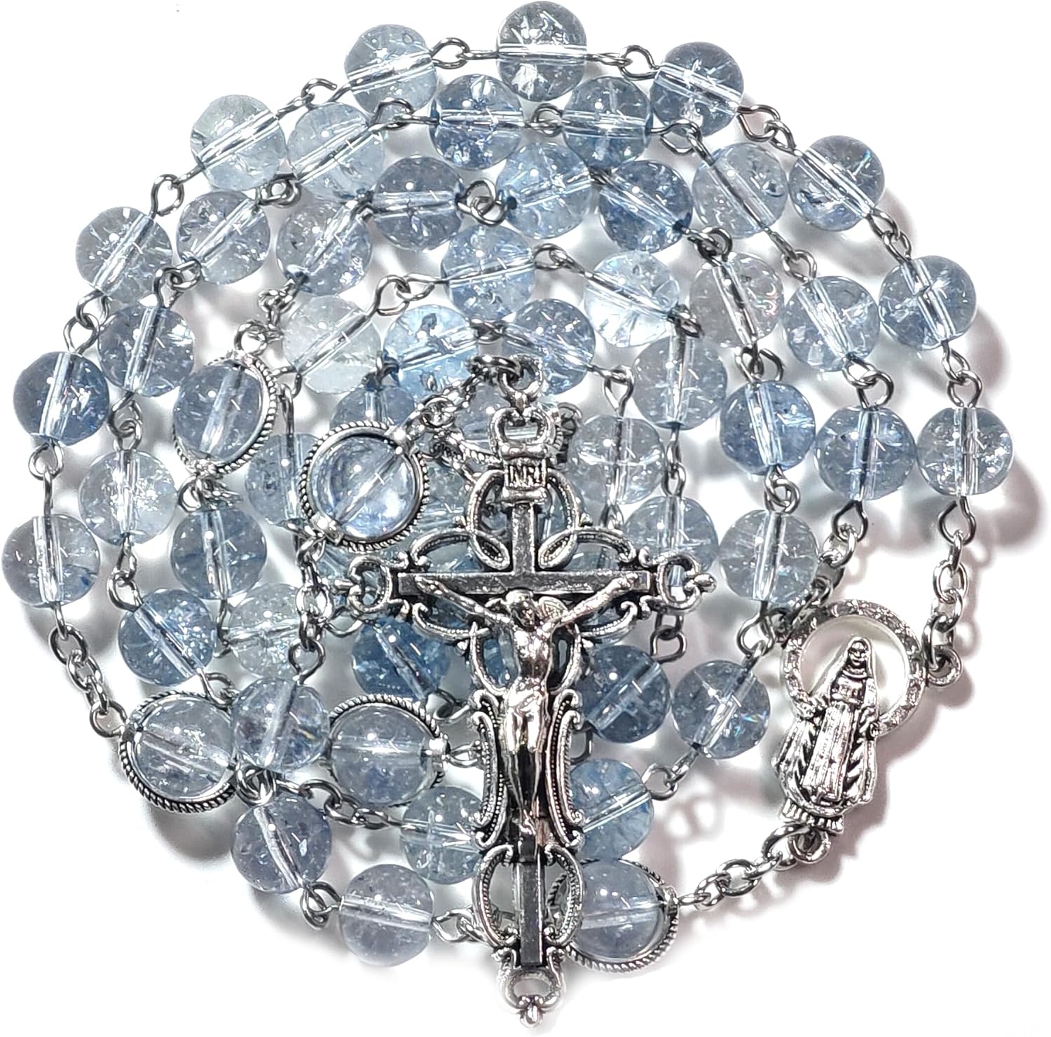 Rosary Beads Chaplet Artificial Crystal Glass Aquamarine Rosery Cross Catholic gifts
