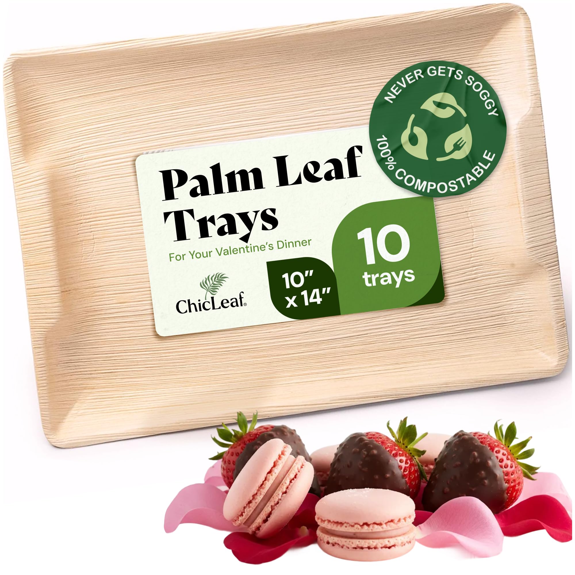 Chic Leaf Rectangular Palm Leaf Platter - 10 x 14 In, Pack of 10, Natural - Compostable Tray for Charcuterie & Party Trays - Oven & Microwave Safe Platter & Bamboo Plates