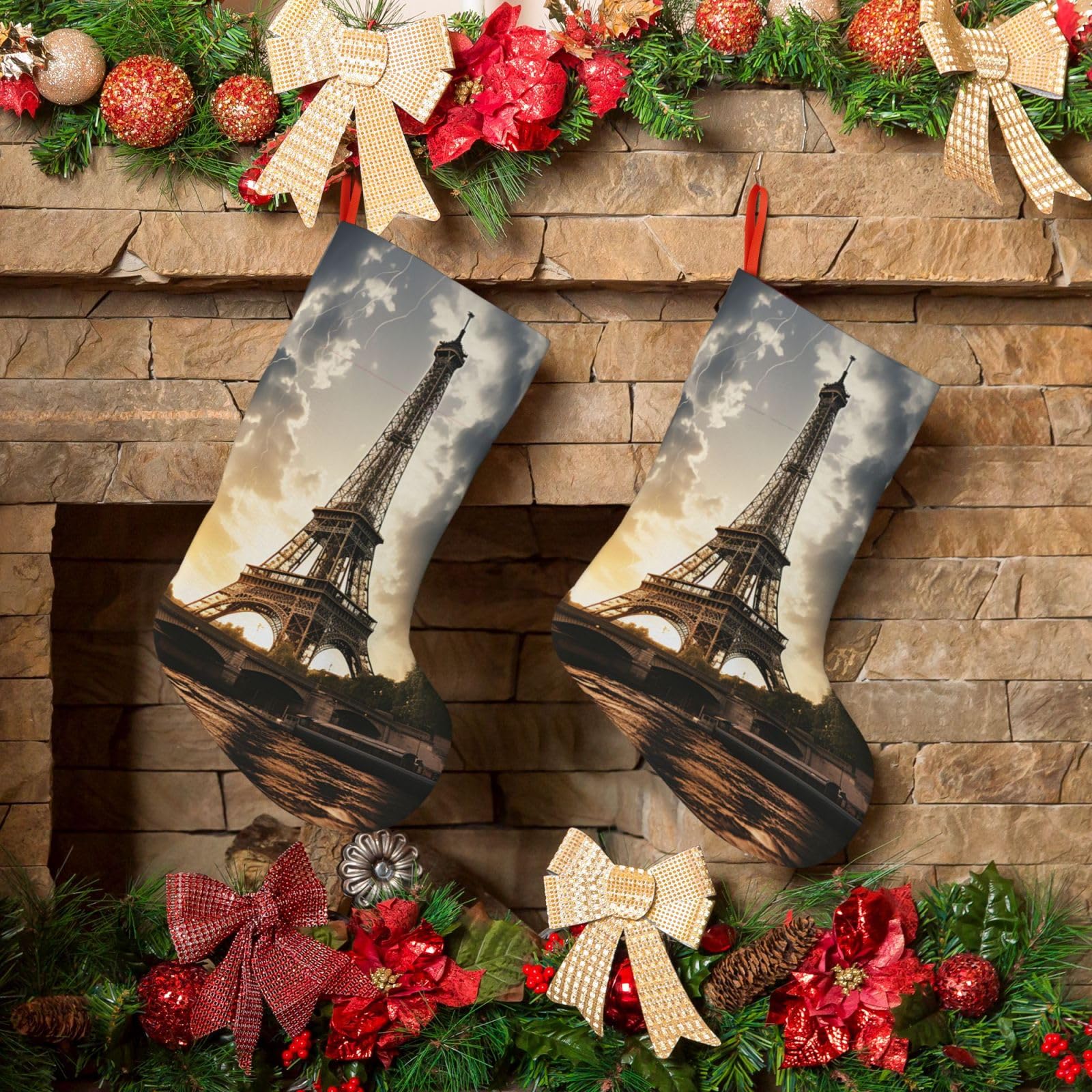 Eiffel Tower Christmas Stockings 18 Inches Velvet Xmas Fireplace Hanging Stocking Rustic Christmas Santa Stockings for Home Christmas Decorations Party Favor Supplies