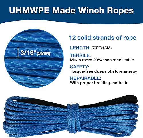 Miniatura 49 de Cuerda de cabrestante sintética de 1/4 pulgadas x 50 pies con funda protectora y dedal, resistencia a la rotura de 10,000 libras, cuerda