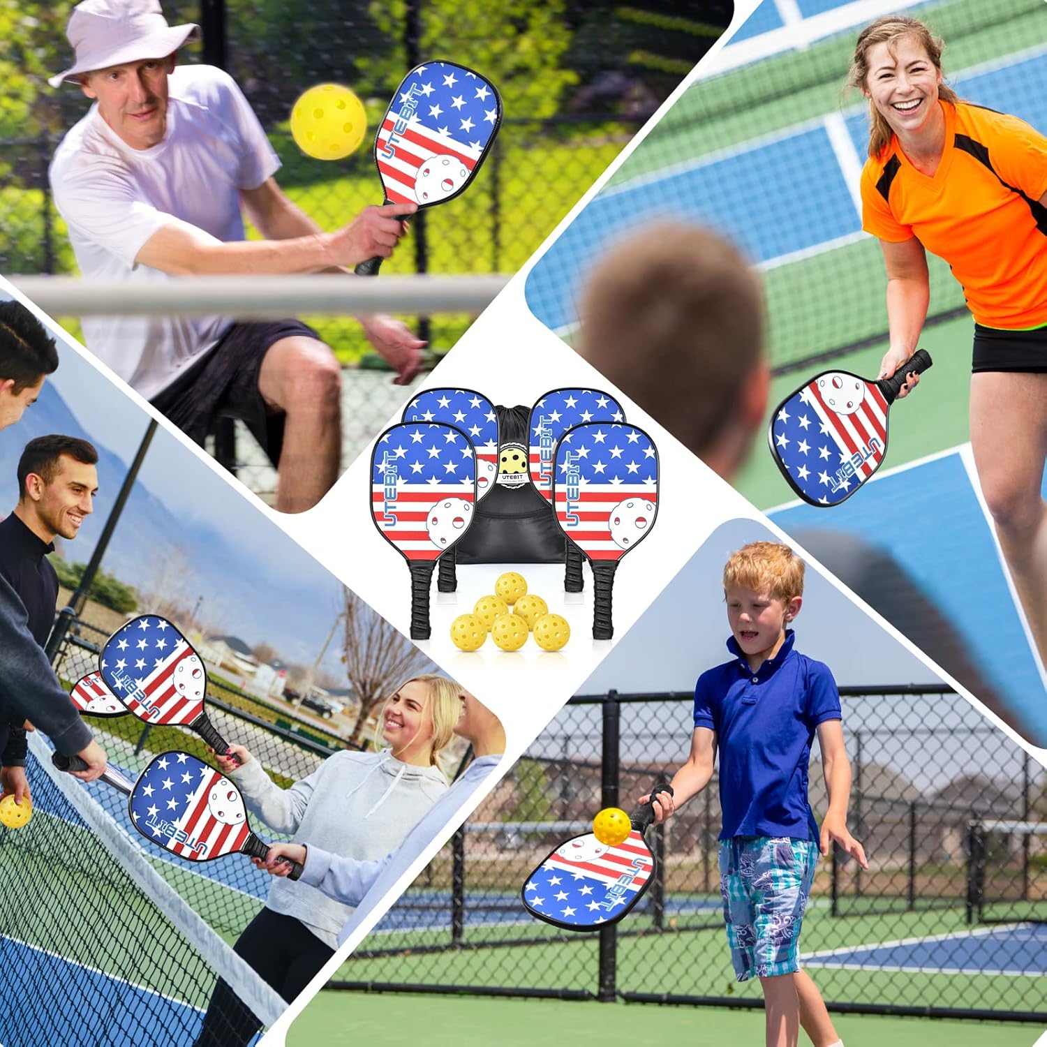 UTEBIT Pickleball Paddles, Pickleball Set with 4 Premium Wood Pickleball Paddles, 6 Pickleball Balls, Pickleball Rackets with Ergonomic Cushion Grip, Gifts for Men Women : Sports & Outdoors