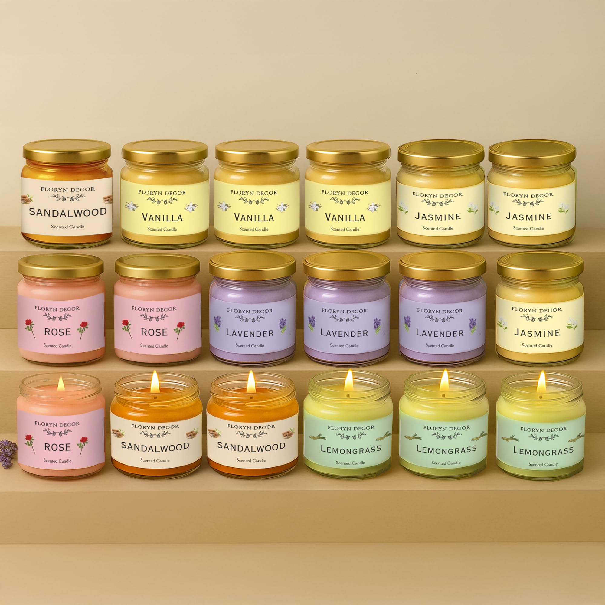 Luxe Scented Candle Jar Set of 18 | Aromatherapy Candles in Glass Jars - Rose, Jasmine, Sandalwood, Lemongrass, Lavender, Vanilla | Gift Pack for Home, Office, Spa, Relaxation & Décor-image-38