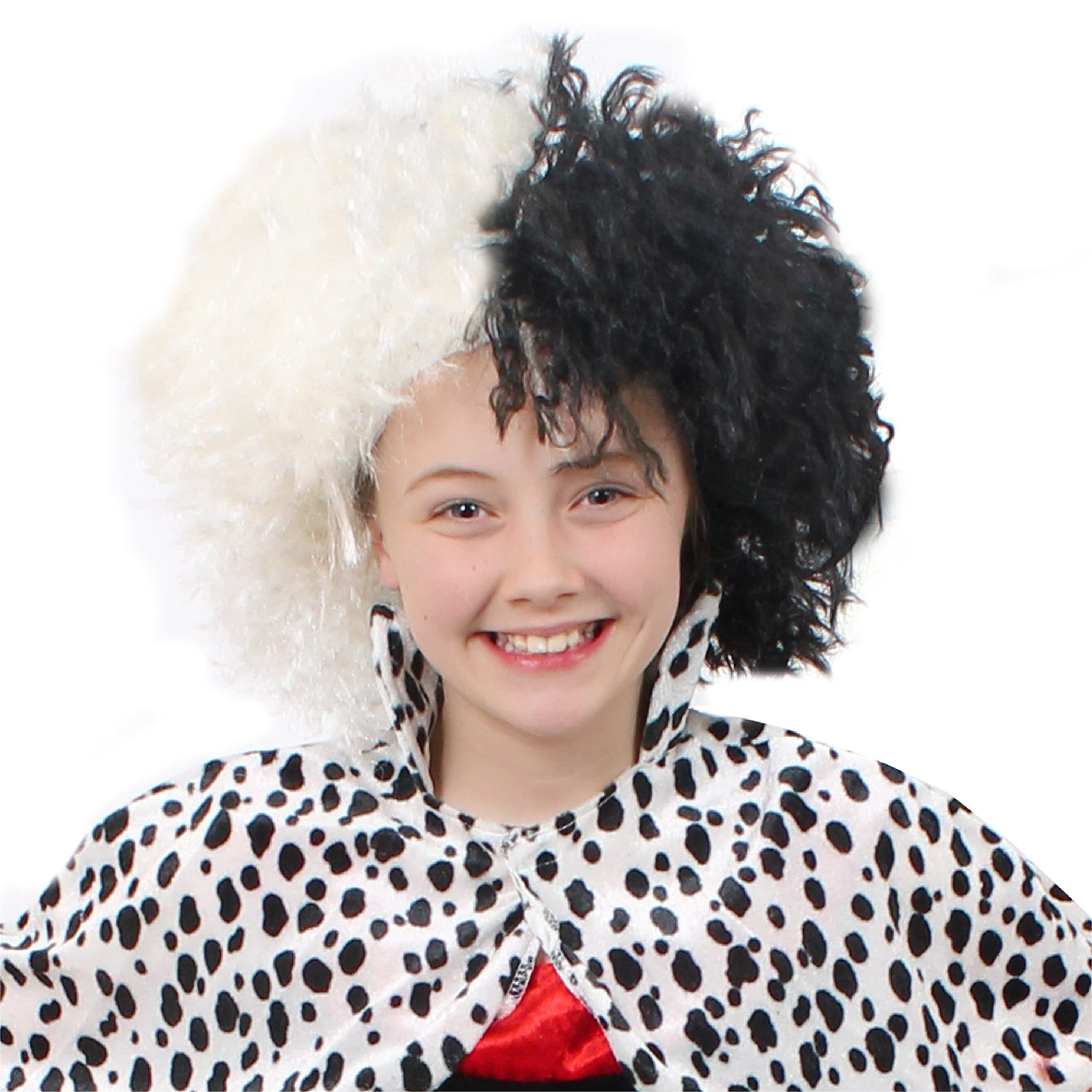 Childs Evil Dog Lady peruka - 6 sztuk, w połowie czarno-biała peruka karbowana, dla dzieci, Światowy Dzień Książki, Tydzień Książki, fantazyjne przebrania, akcesoria kostiumowe