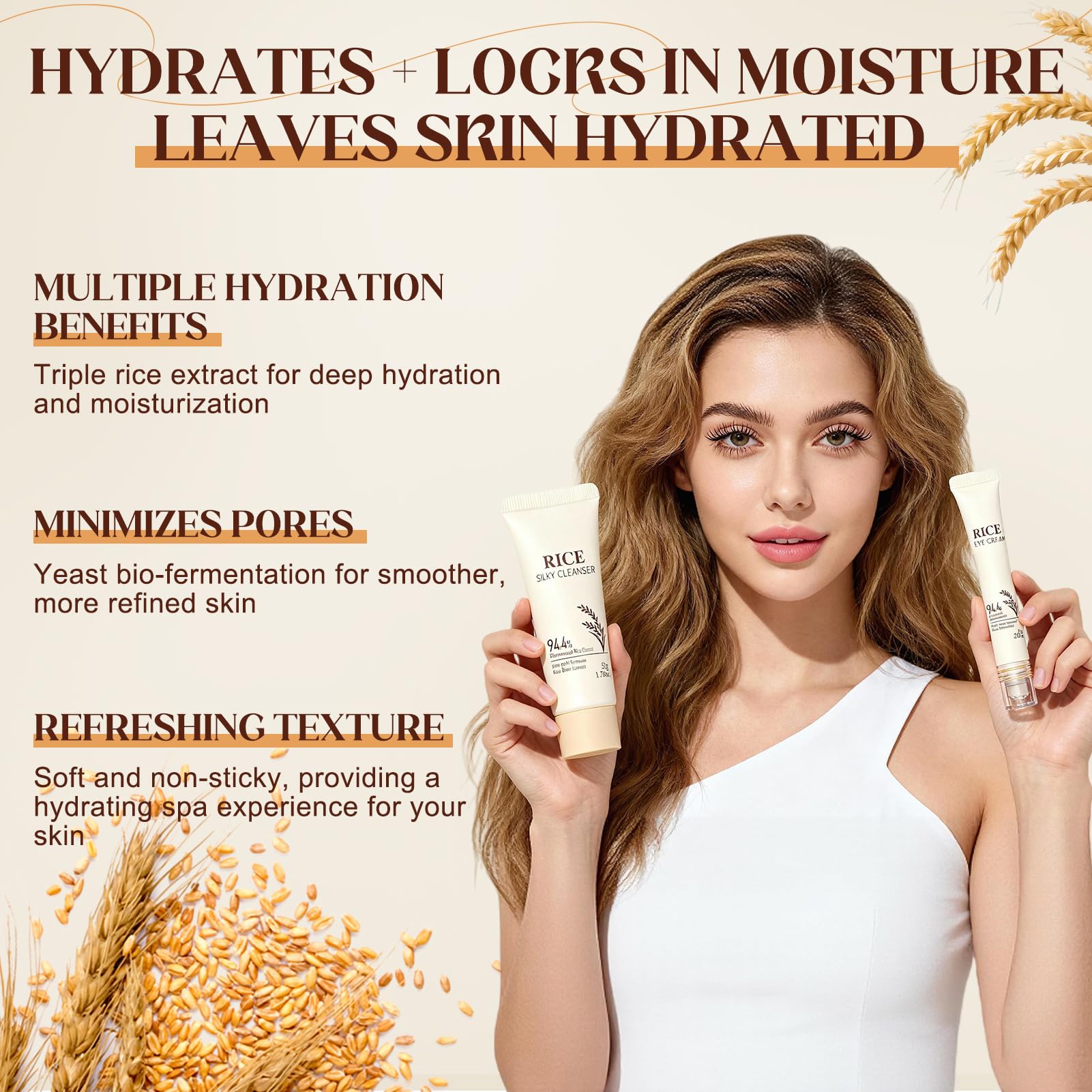 9 sztuk Rice Skincare Kit, Koreański zestaw do pielęgnacji skóry, Rice Pielęgnacja twarzy dla kobiet z środkiem do mycia twarzy, koreańskie maski, toner ryżu, kremy do twarzy dla kobiet, kontur oczu
