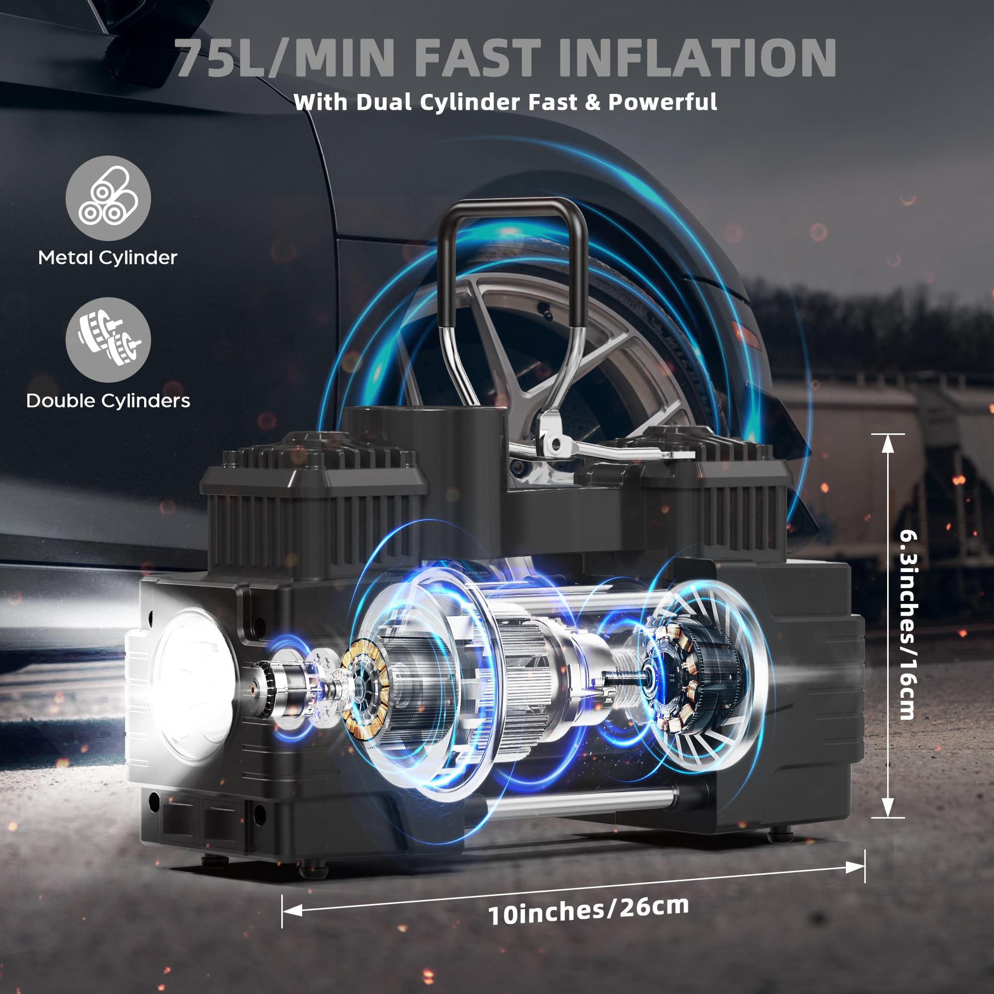 Compressore d'aria a doppio cilindro, 150 psi, 12 V CC, portatile, accessorio per auto, luce a LED, resistente, per camion, SUV, auto, camper, per uomini e donne (nero)